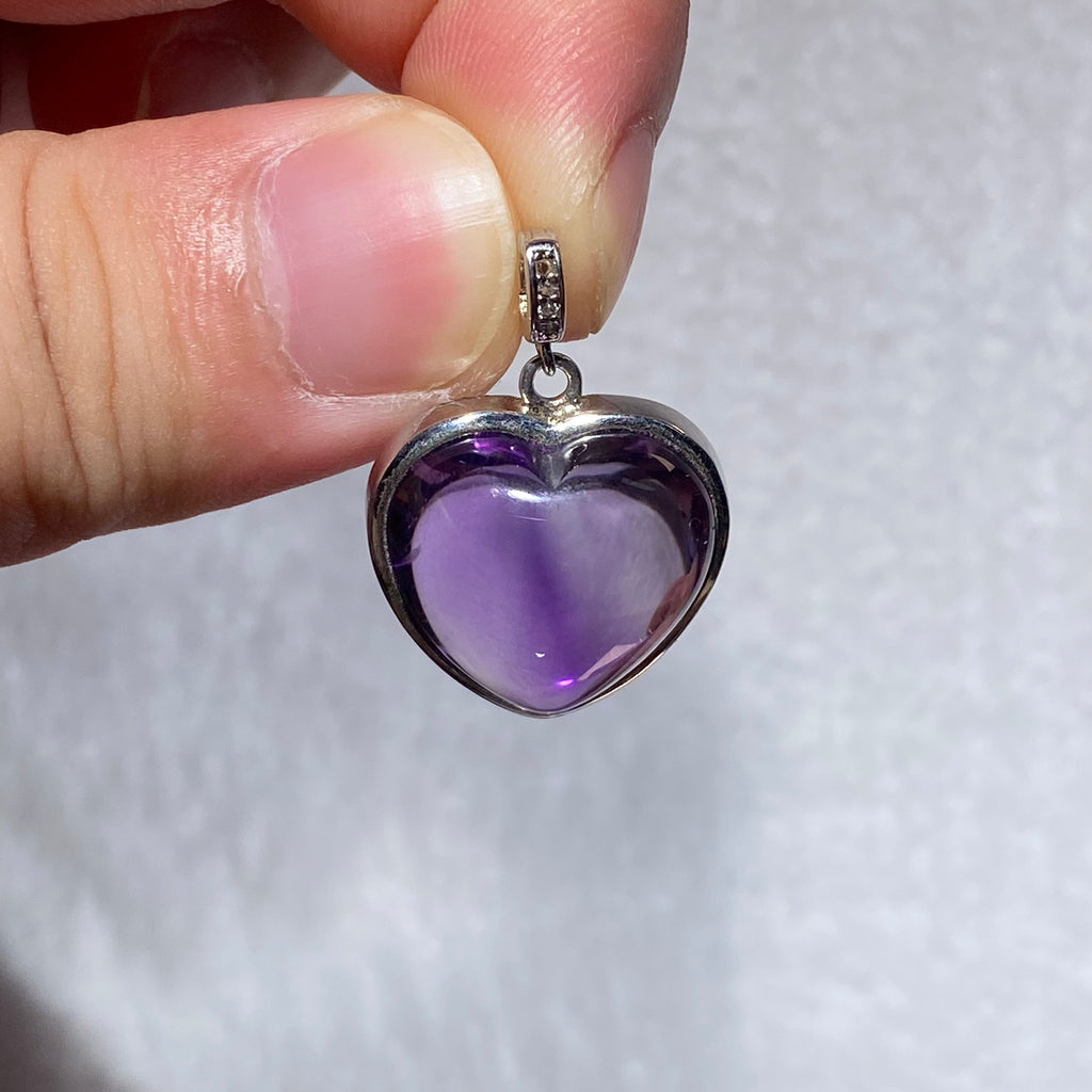 Smooth Cabochon Natural Lavender Amethyst Solid Heart Full Bezel Wrapped S925 Sterling Silver Minimalist Calming Third Eye Crystal Pendant Charm