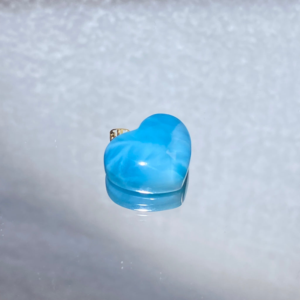 Smooth Cabochon Natural Sky-Blue Larimar Solid Heart Full Bezel Wrapped Gold Plated Minimalist Calming Throat Chakra Ocean Crystal Pendant Charm
