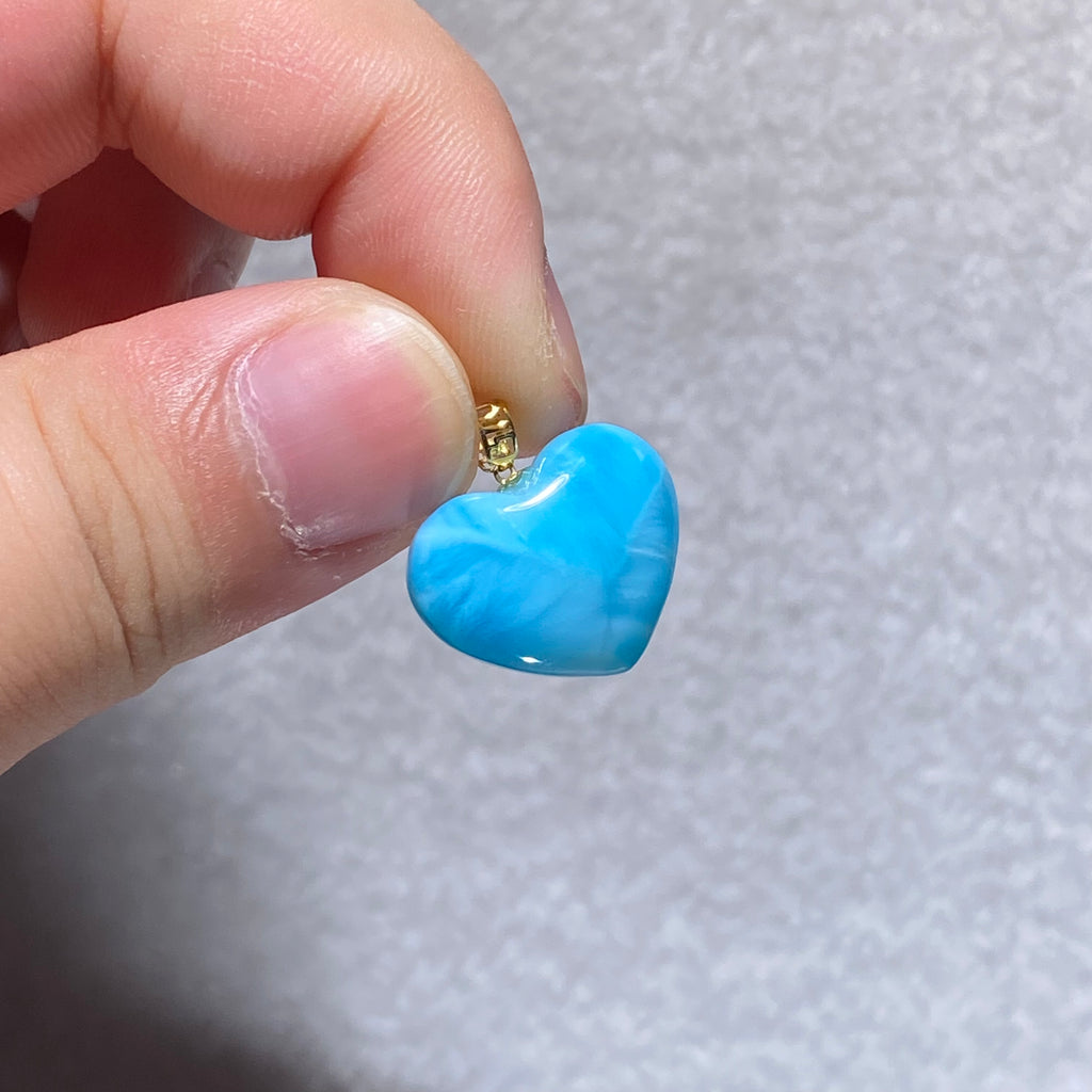 Smooth Cabochon Natural Sky-Blue Larimar Solid Heart Full Bezel Wrapped Gold Plated Minimalist Calming Throat Chakra Ocean Crystal Pendant Charm