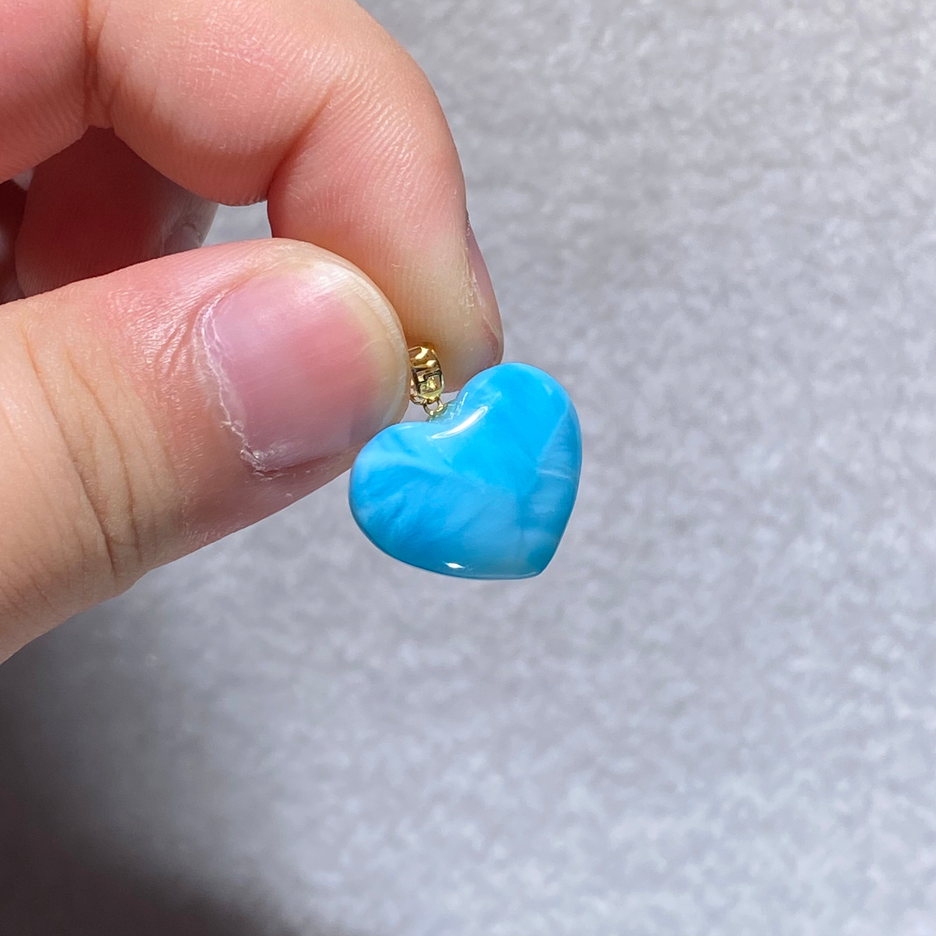 Smooth Cabochon Natural Sky-Blue Larimar Solid Heart Full Bezel Wrapped Gold Plated Minimalist Calming Throat Chakra Ocean Crystal Pendant Charm
