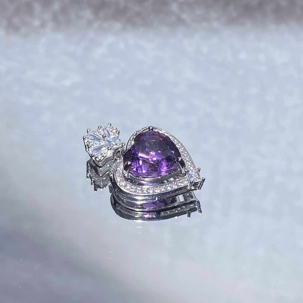 Large Smooth Cabochon Natural Lavender Amethyst Heart Halo Pave Shining Clear Crystal Solid S925 Sterling Silver Luxury Romantic Third Eye Crystal Pendant Charm