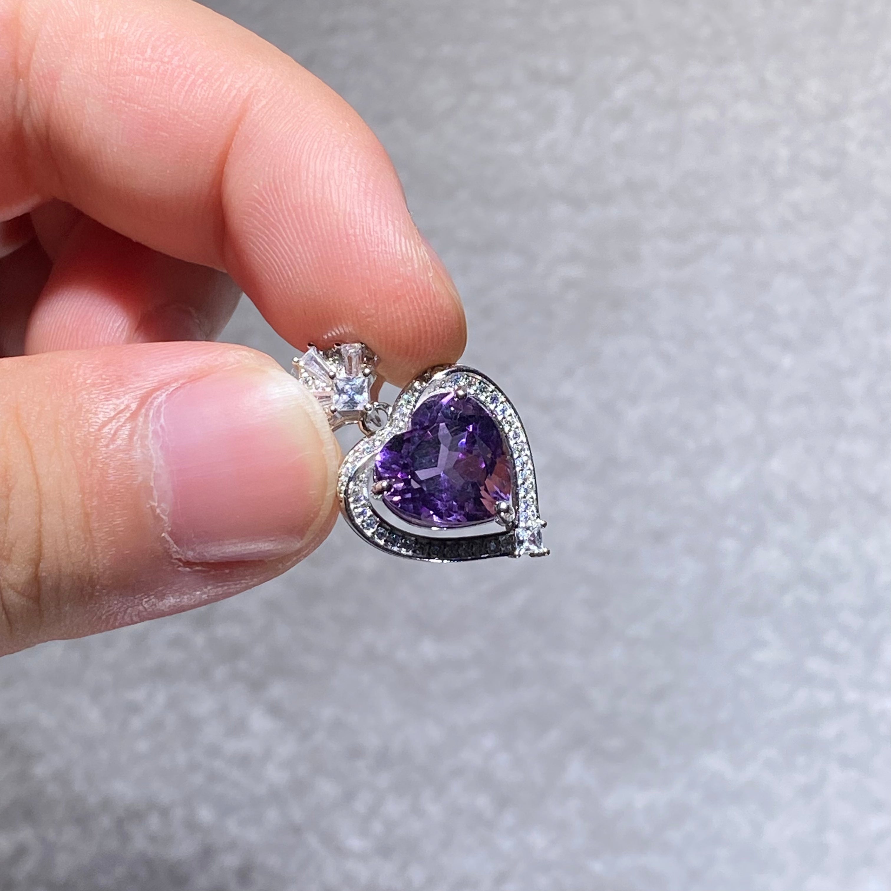 Large Smooth Cabochon Natural Lavender Amethyst Heart Halo Pave Shining Clear Crystal Solid S925 Sterling Silver Luxury Romantic Third Eye Crystal Pendant Charm