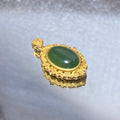 Large Smooth Oval Cabochon Natural Deep Green Hetian Jade Vintage Hand Filigree Hollow Scroll Gold Plated Pendant With Tiny Pink Crystal Accents Elegant Oriental Heart Chakra Peace Prosperity Charm