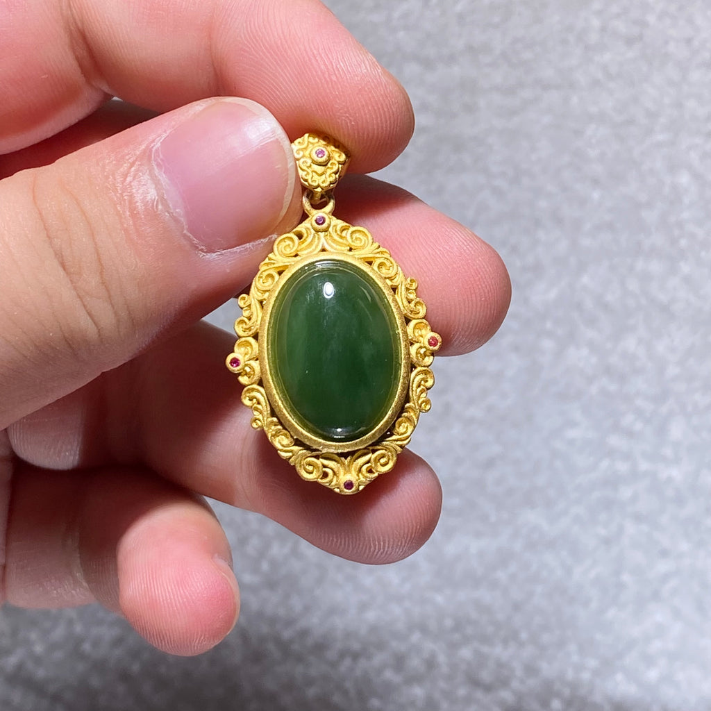 Large Smooth Oval Cabochon Natural Deep Green Hetian Jade Vintage Hand Filigree Hollow Scroll Gold Plated Pendant With Tiny Pink Crystal Accents Elegant Oriental Heart Chakra Peace Prosperity Charm