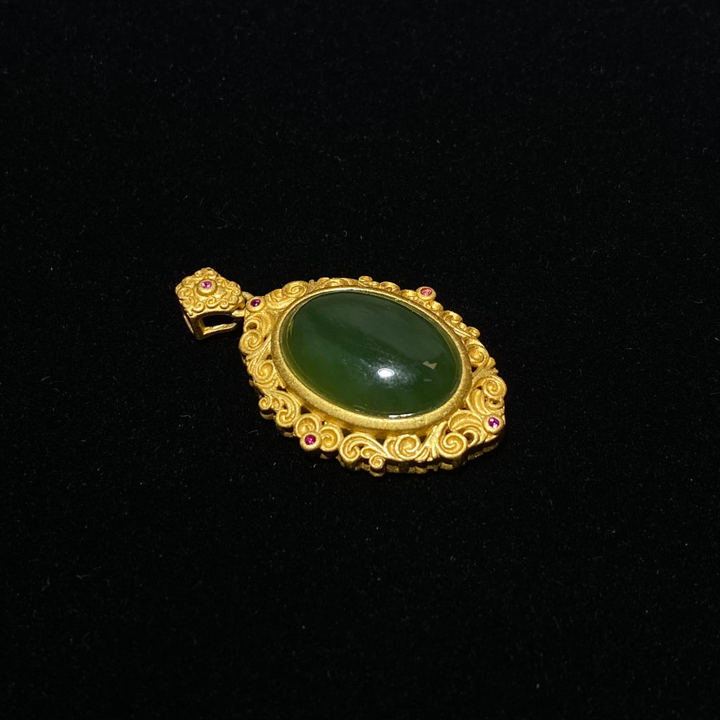 Large Smooth Oval Cabochon Natural Deep Green Hetian Jade Vintage Hand Filigree Hollow Scroll Gold Plated Pendant With Tiny Pink Crystal Accents Elegant Oriental Heart Chakra Peace Prosperity Charm