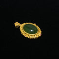 Large Smooth Oval Cabochon Natural Deep Green Hetian Jade Vintage Hand Filigree Hollow Scroll Gold Plated Pendant With Tiny Pink Crystal Accents Elegant Oriental Heart Chakra Peace Prosperity Charm