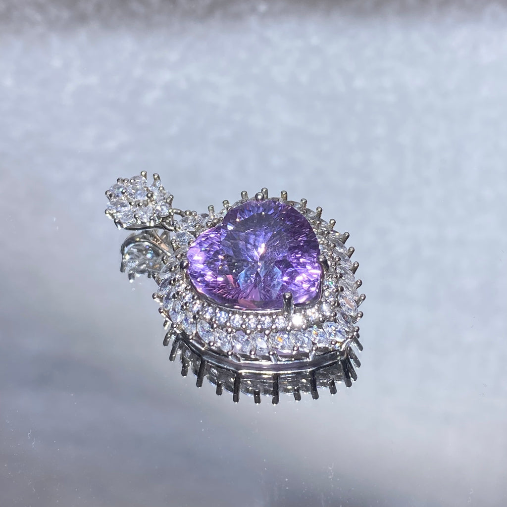 Oversize Brilliant Faceted Natural Lavender Amethyst Heart Double Layer Sun Spire Pave Clear Crystal Halo Solid S925 Sterling Silver Luxury Statement Calming Third Eye Crystal Pendant Charm