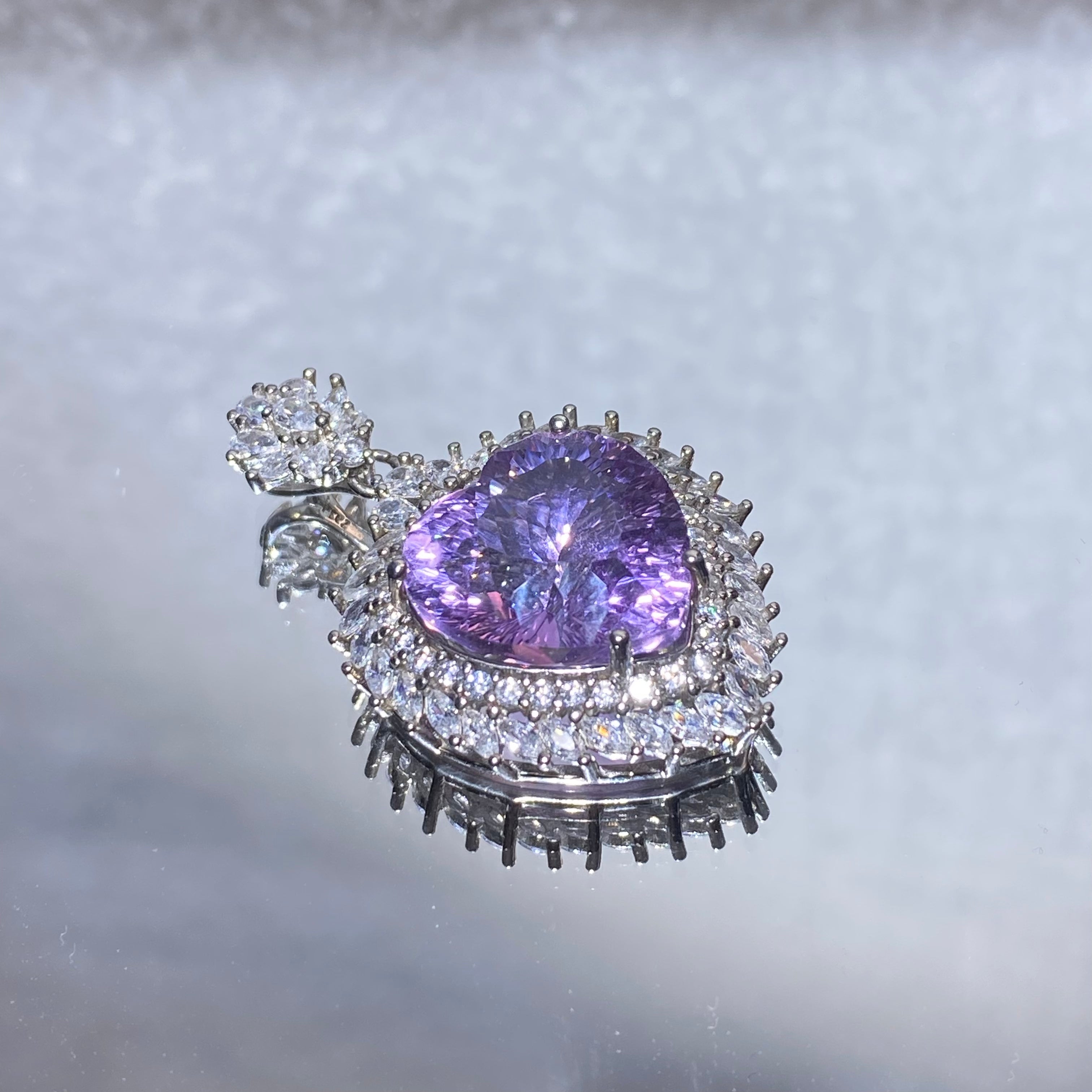 Oversize Brilliant Faceted Natural Lavender Amethyst Heart Double Layer Sun Spire Pave Clear Crystal Halo Solid S925 Sterling Silver Luxury Statement Calming Third Eye Crystal Pendant Charm