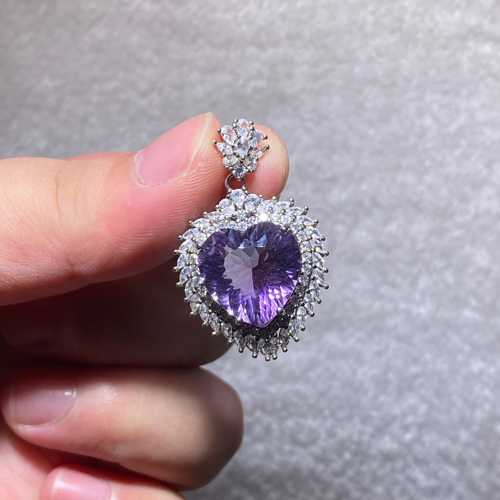 Oversize Brilliant Faceted Natural Lavender Amethyst Heart Double Layer Sun Spire Pave Clear Crystal Halo Solid S925 Sterling Silver Luxury Statement Calming Third Eye Crystal Pendant Charm