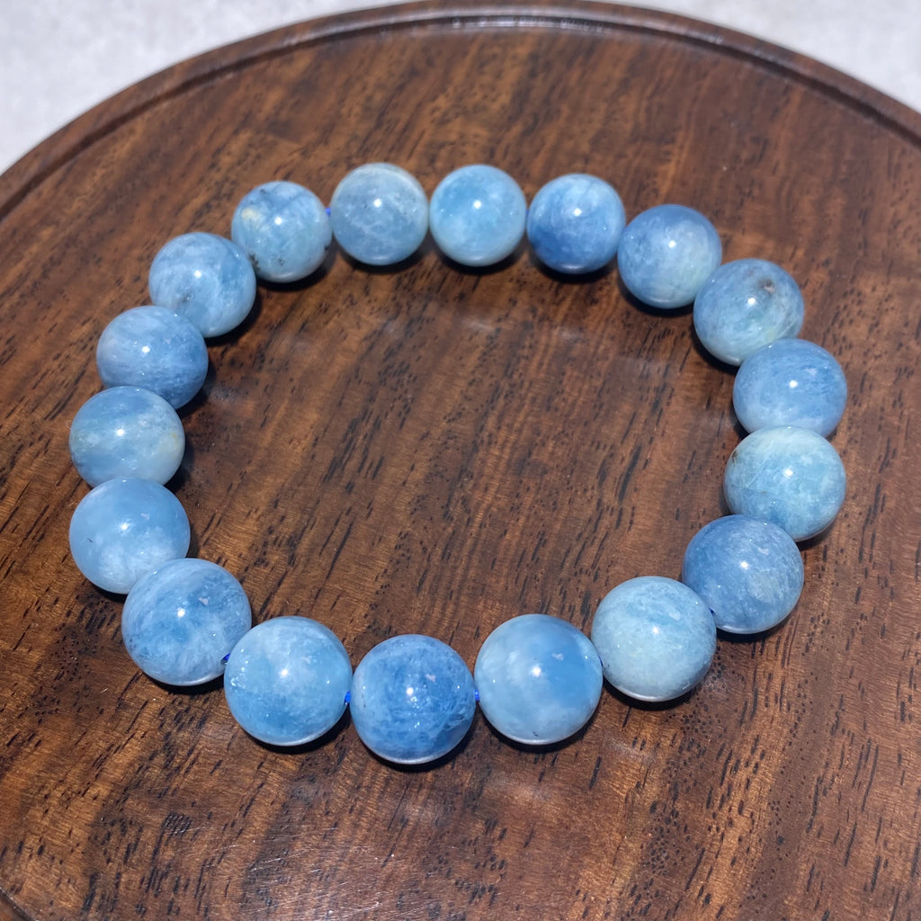 Gradient Sky-Blue Natural Devil Aquamarine Smooth Round Bead Single Stretch Strand Bracelet Calming Throat Chakra Ocean Healing Crystal Stackable Daily Bracelet