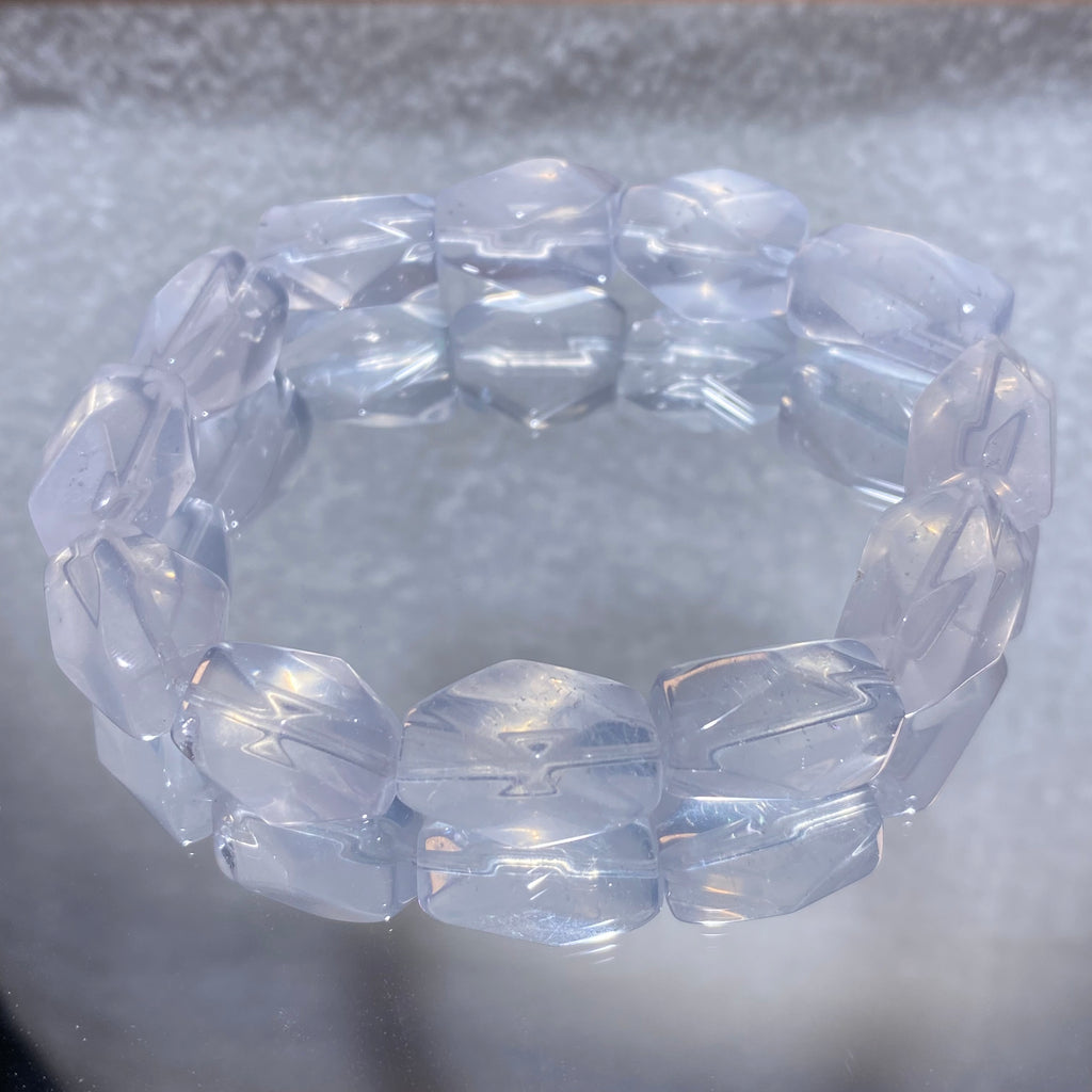 Transparent Natural Clear Quartz Hand Faceted Irregular Freeform Single Stretch Strand Bracelet Universal Master Healer Energy Amplifier Calming Purification Stackable Daily Crystal Bracelet