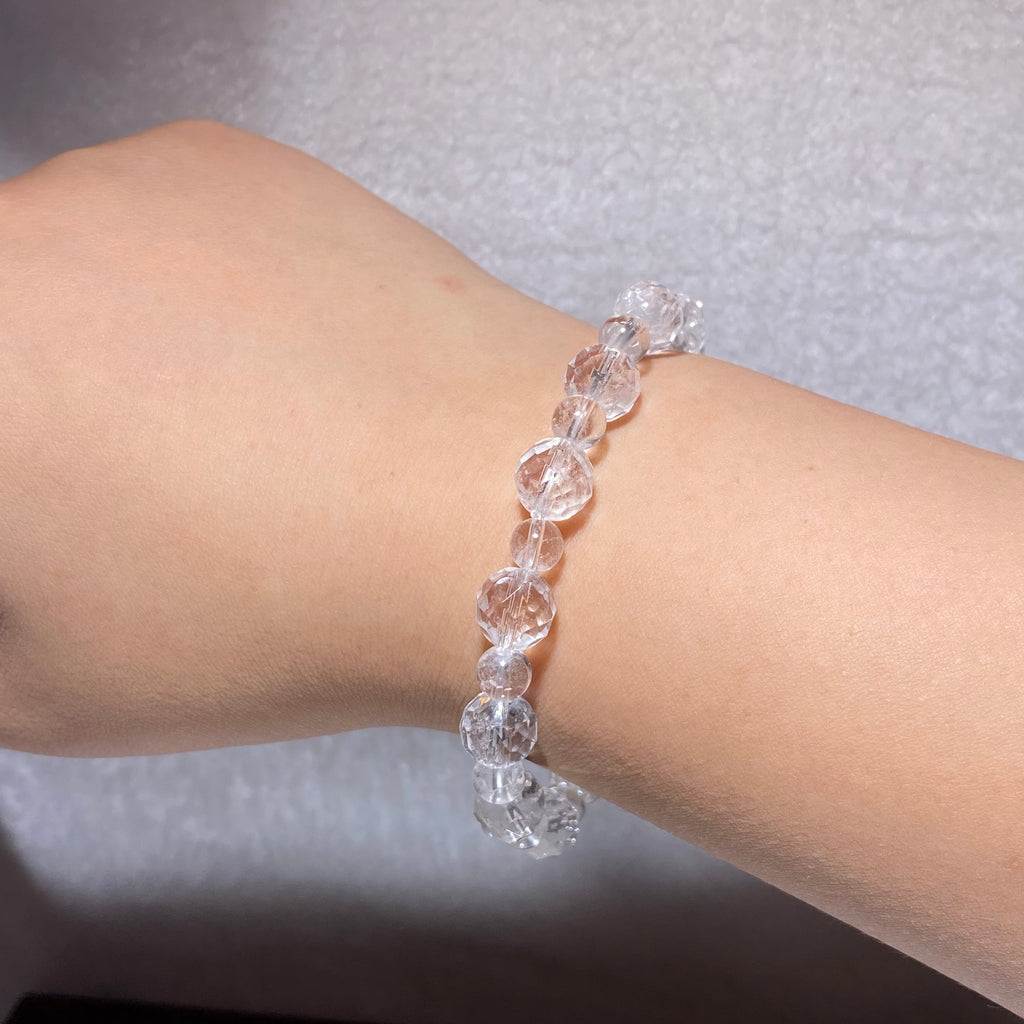 Transparent Natural Clear Quartz Multi-Faceted Round Bead Single Stretch Bracelet Universal Energy Amplifier Minimalist Stackable Daily Wrist Jewelry
