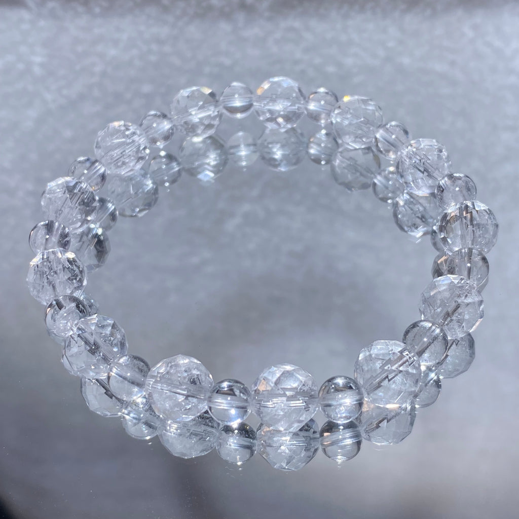 Transparent Natural Clear Quartz Multi-Faceted Round Bead Single Stretch Bracelet Universal Energy Amplifier Minimalist Stackable Daily Wrist Jewelry