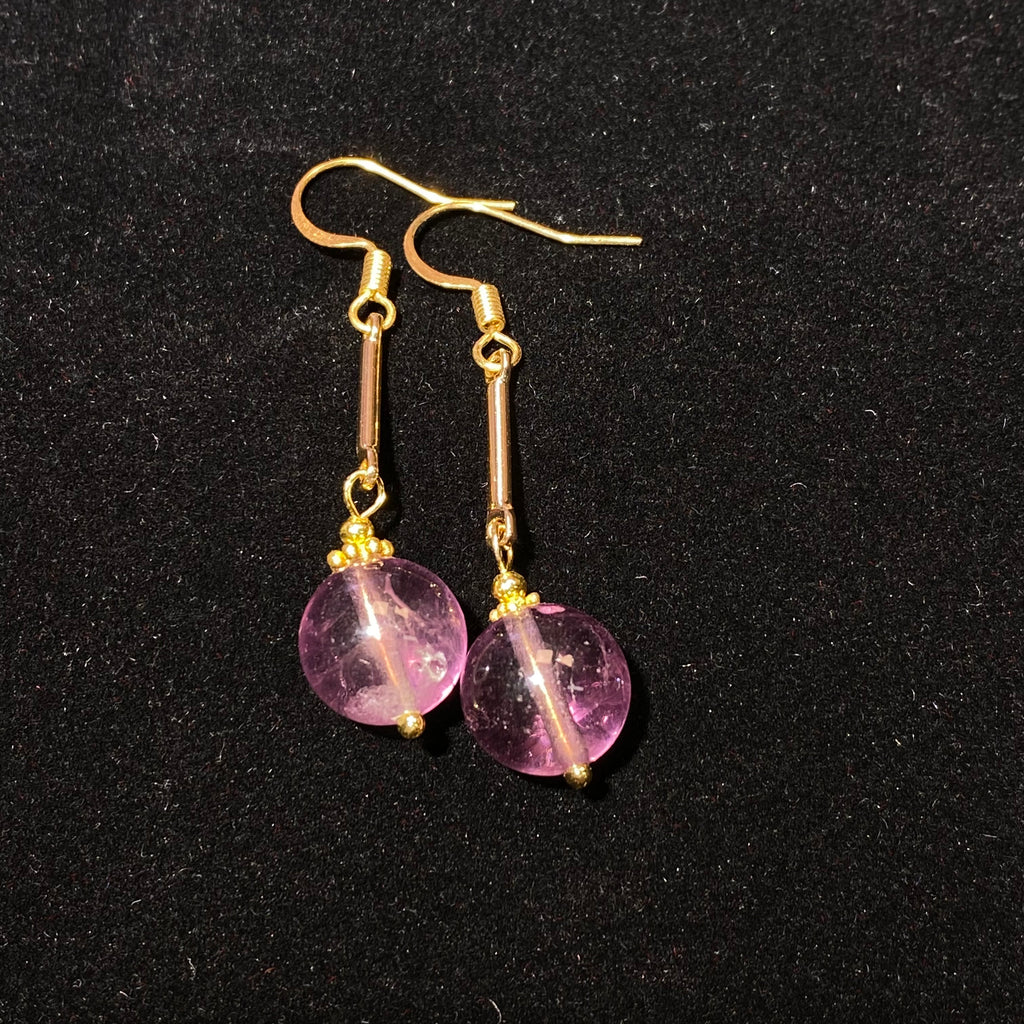 Natural Transparent Amethyst Slim Gold Bar Long Drop Earrings | Crown Chakra Calming Crystal Minimalist Face-Lifting Dangles for Anxiety Relief