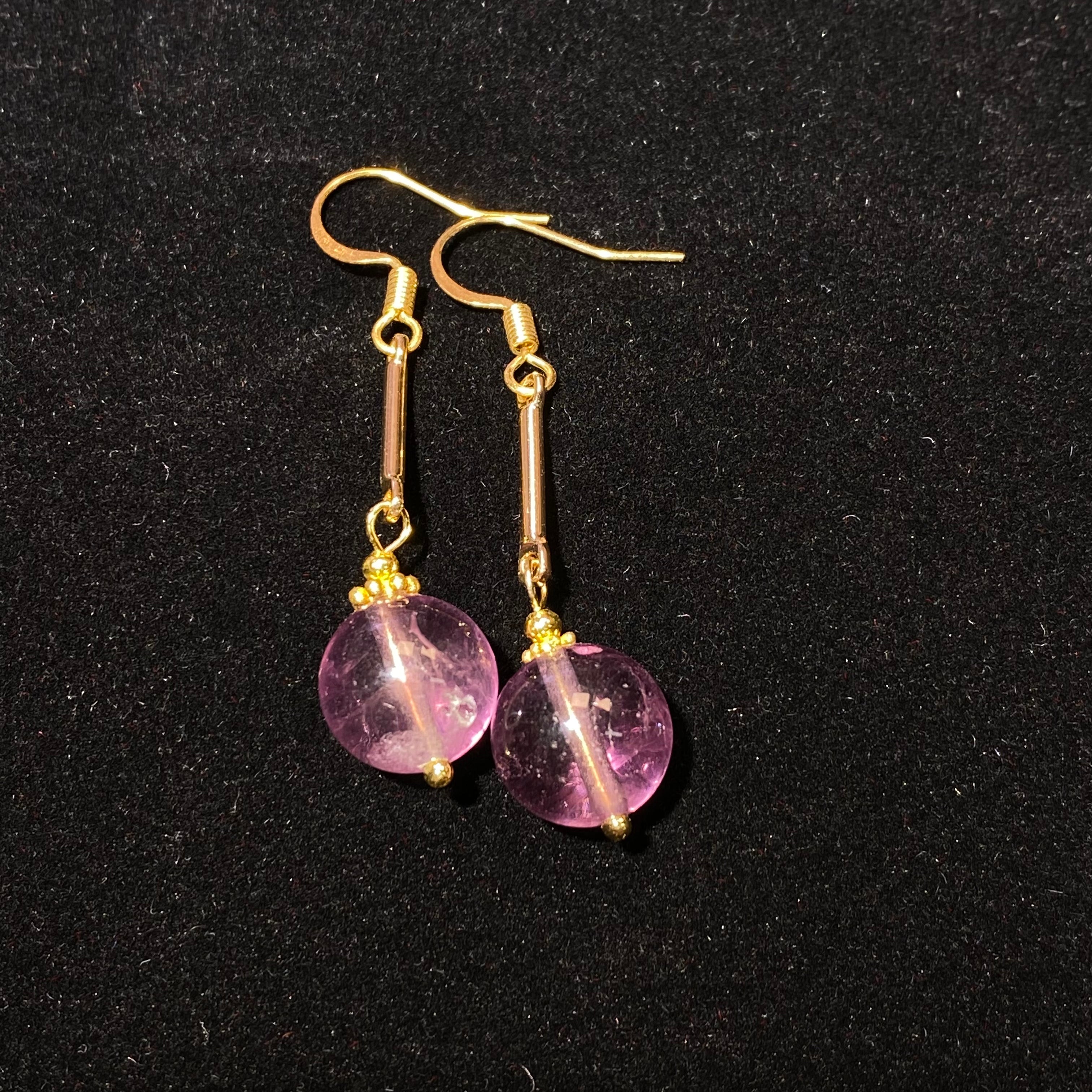 Natural Transparent Amethyst Slim Gold Bar Long Drop Earrings | Crown Chakra Calming Crystal Minimalist Face-Lifting Dangles for Anxiety Relief