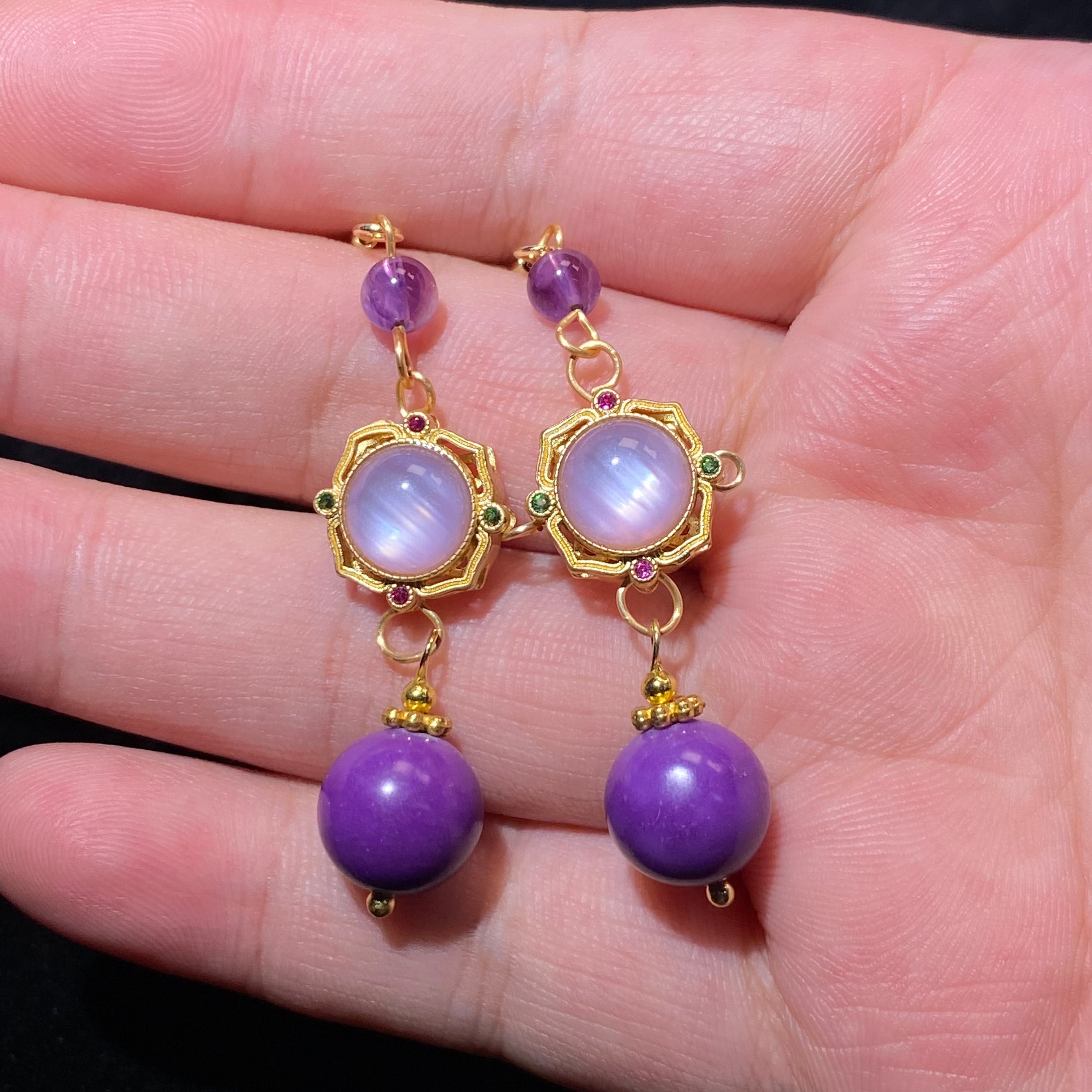 Three-Tier Filigree Sugilite & Moonstone Long Drop Earrings | Crown Third Eye Chakra Vintage Gold Dangles for Emotional Balance & Intuition