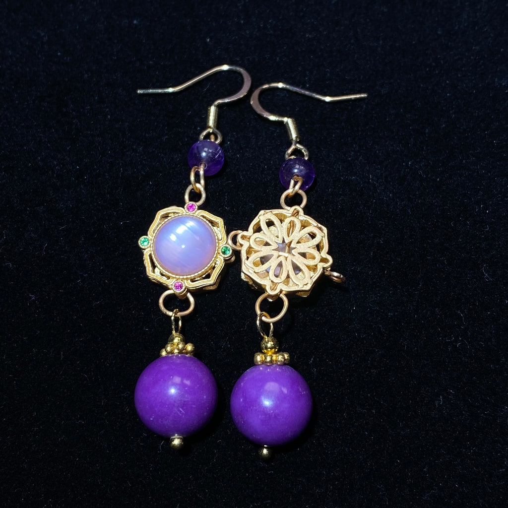 Three-Tier Filigree Sugilite & Moonstone Long Drop Earrings | Crown Third Eye Chakra Vintage Gold Dangles for Emotional Balance & Intuition