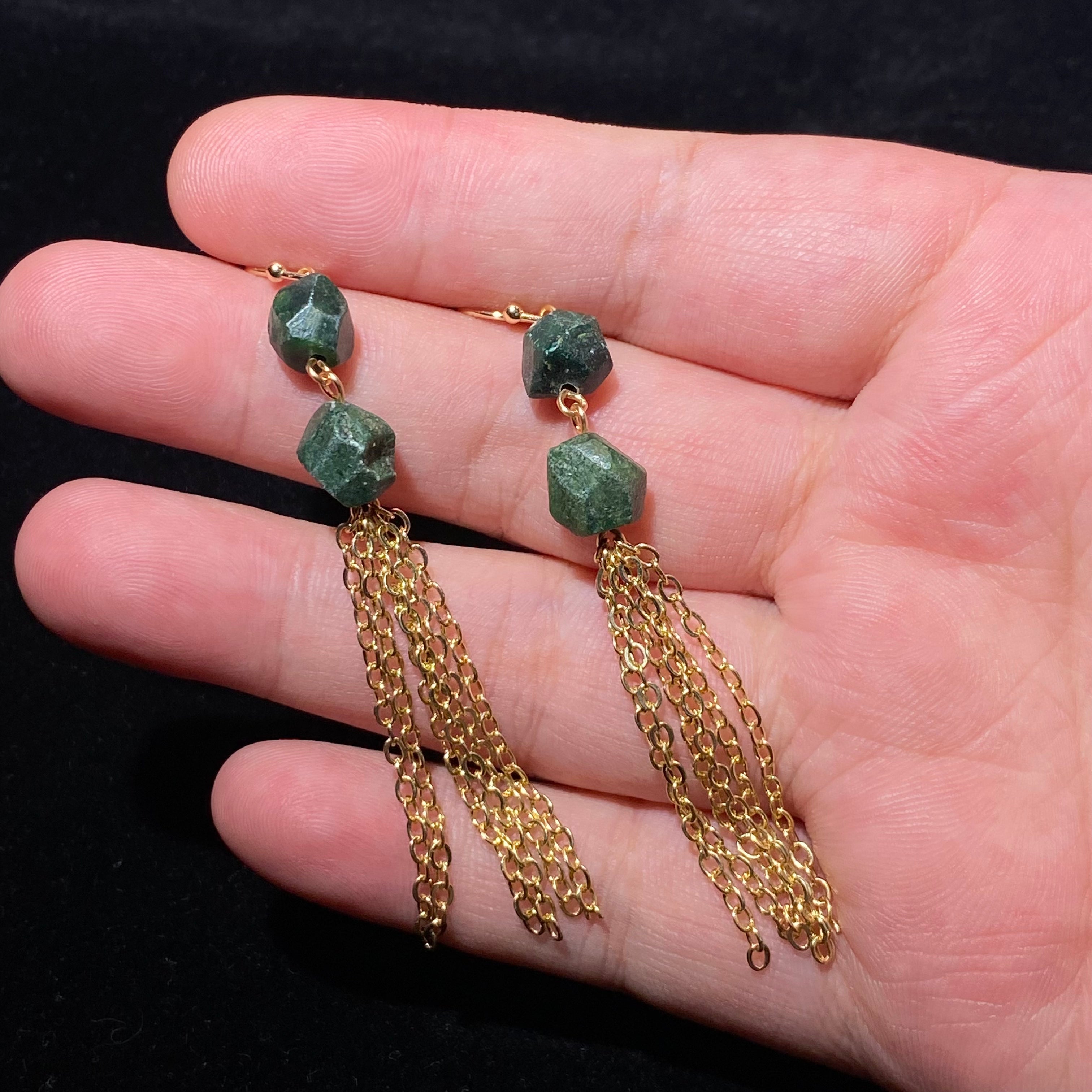Two-Tier Faceted Green Aventurine Long Gold Tassel Drop Earrings | Heart Chakra Prosperity Crystal Bohemian Vintage Dangles for Wealth & Vitality
