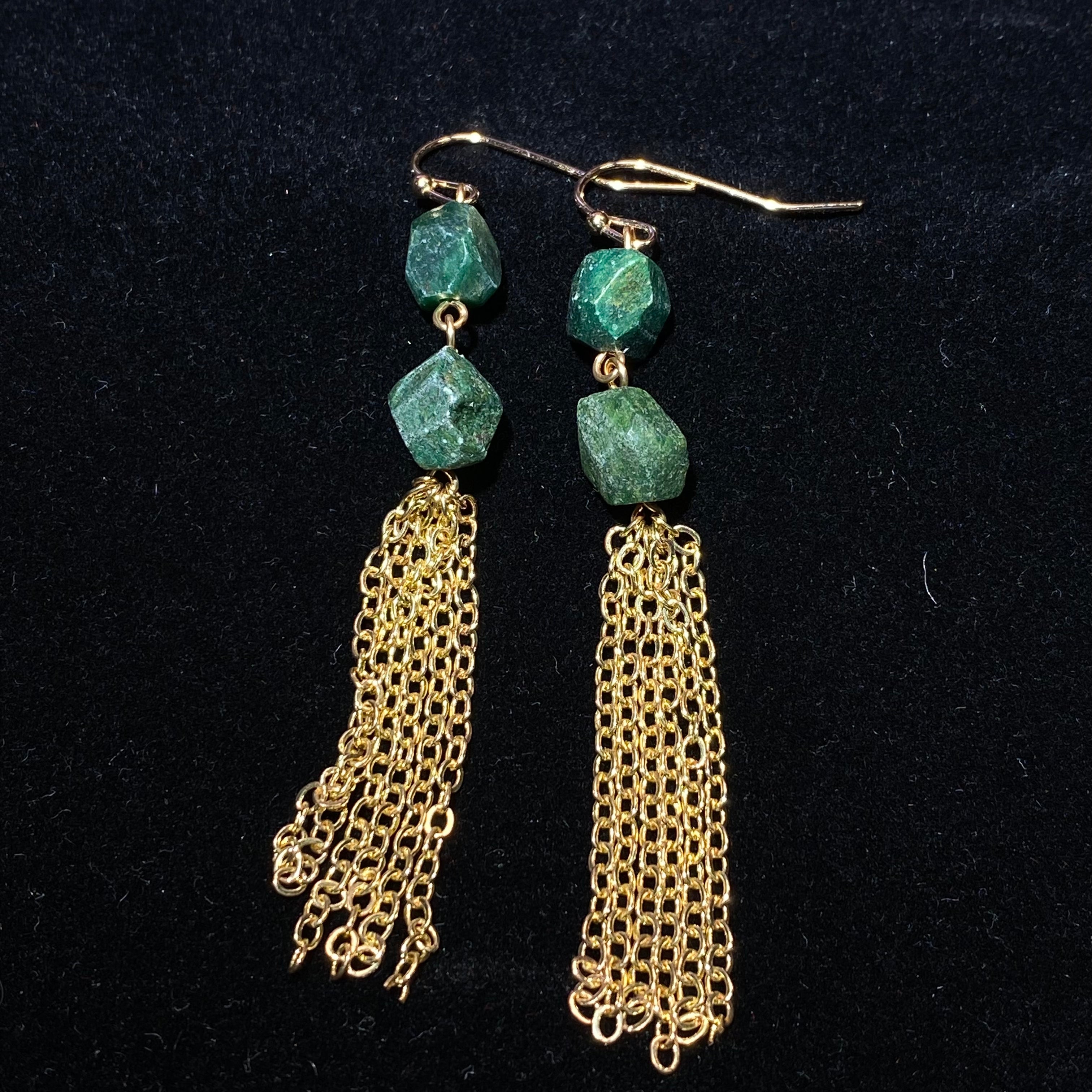 Two-Tier Faceted Green Aventurine Long Gold Tassel Drop Earrings | Heart Chakra Prosperity Crystal Bohemian Vintage Dangles for Wealth & Vitality