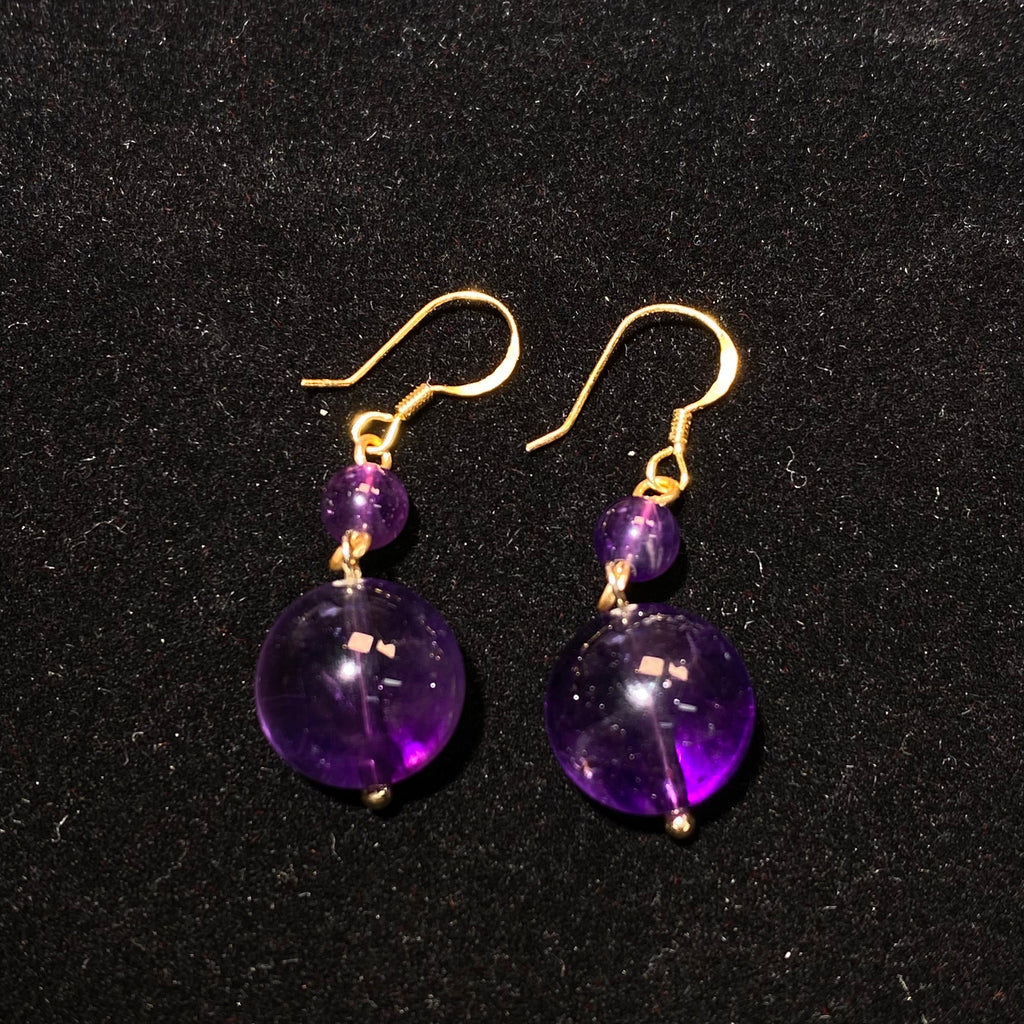 Natural Transparent Amethyst Two-Tier Short Drop Earrings | Crown Chakra Calming Crystal Gold Hook Minimalist Daily Dangles for Anxiety Relief