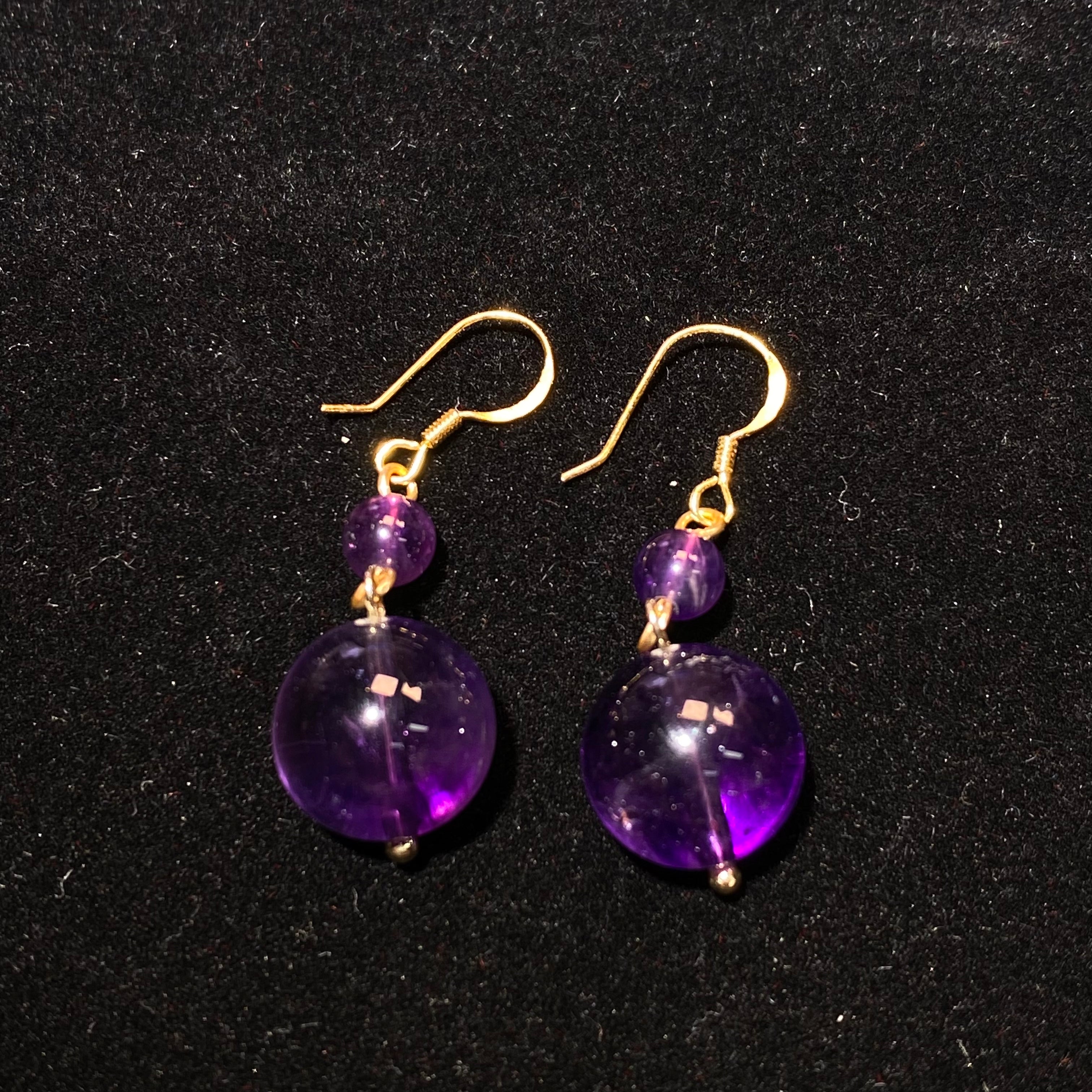Natural Transparent Amethyst Two-Tier Short Drop Earrings | Crown Chakra Calming Crystal Gold Hook Minimalist Daily Dangles for Anxiety Relief