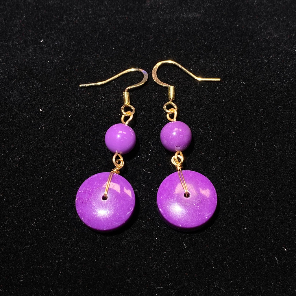 Natural Sugilite Donut Coin Two-Tier Long Drop Earrings | Crown Chakra Emotional Balance Minimalist Gold Dangles for Intuition & Inner Peace