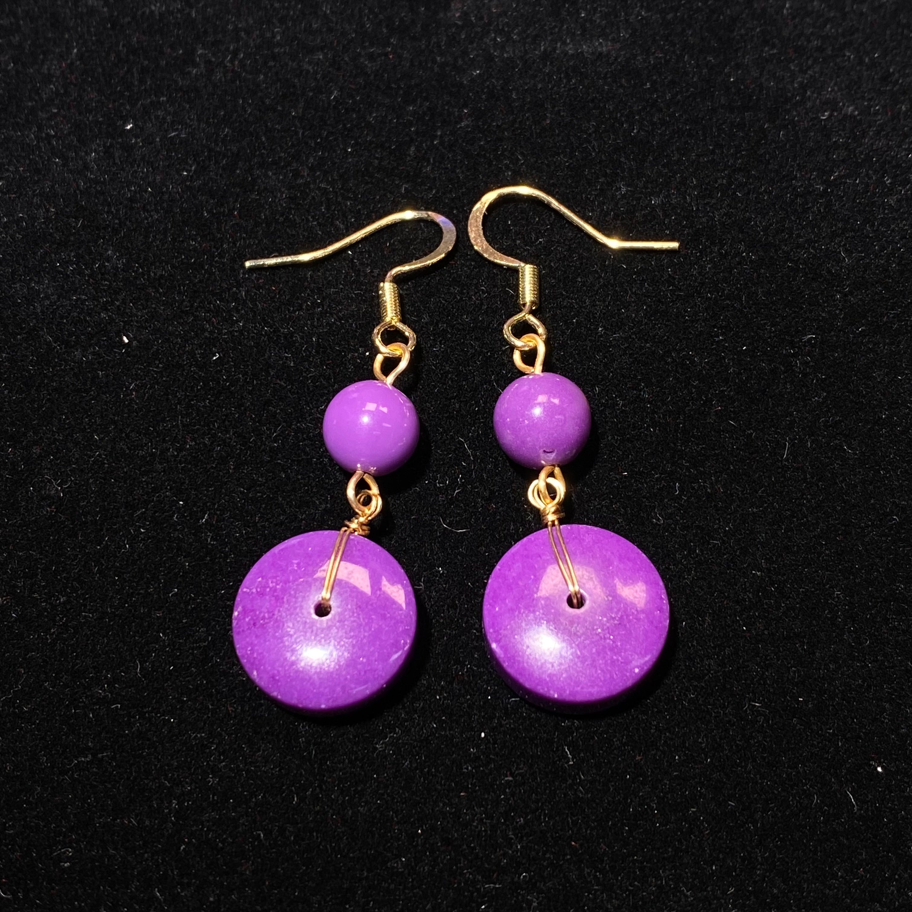 Natural Sugilite Donut Coin Two-Tier Long Drop Earrings | Crown Chakra Emotional Balance Minimalist Gold Dangles for Intuition & Inner Peace