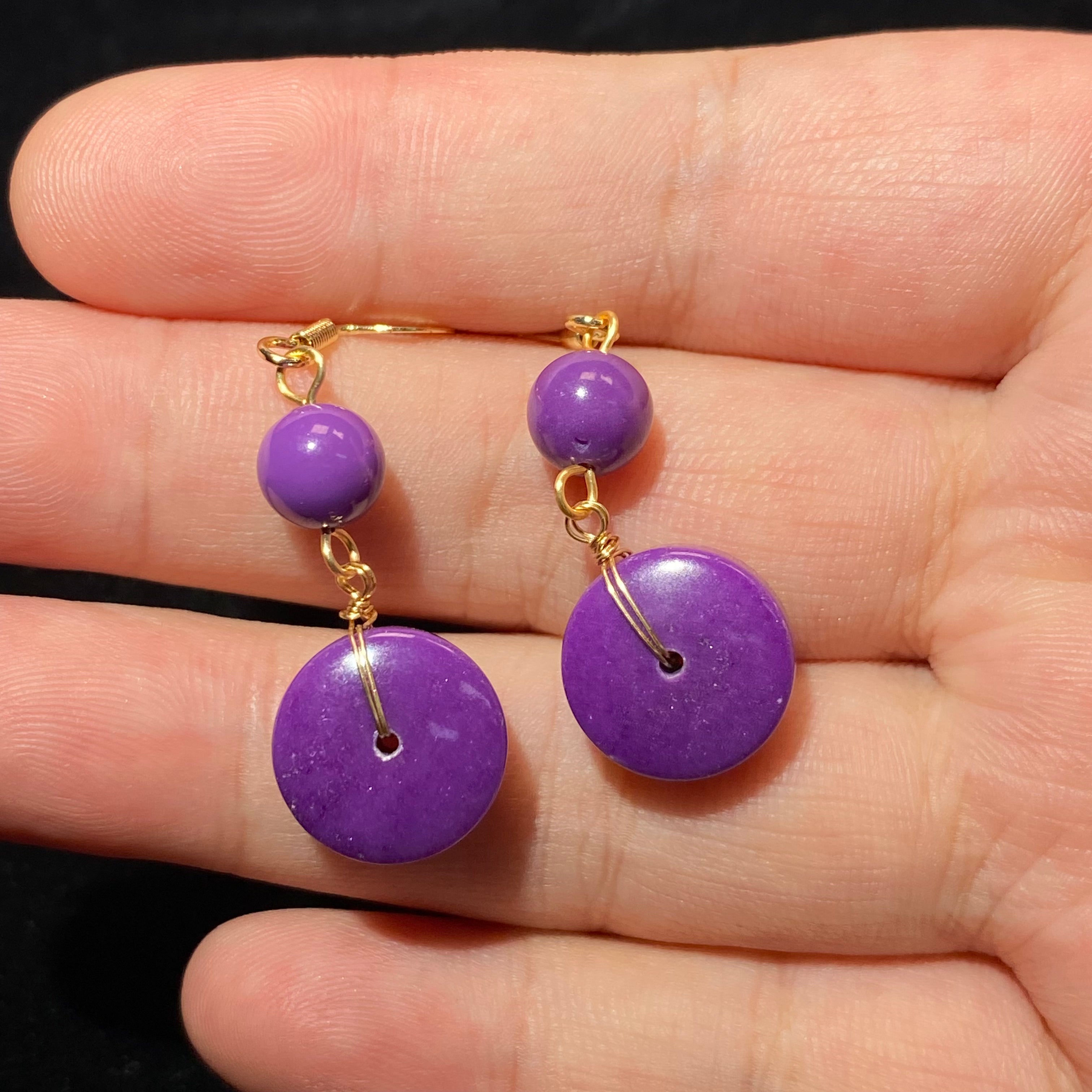 Natural Sugilite Donut Coin Two-Tier Long Drop Earrings | Crown Chakra Emotional Balance Minimalist Gold Dangles for Intuition & Inner Peace