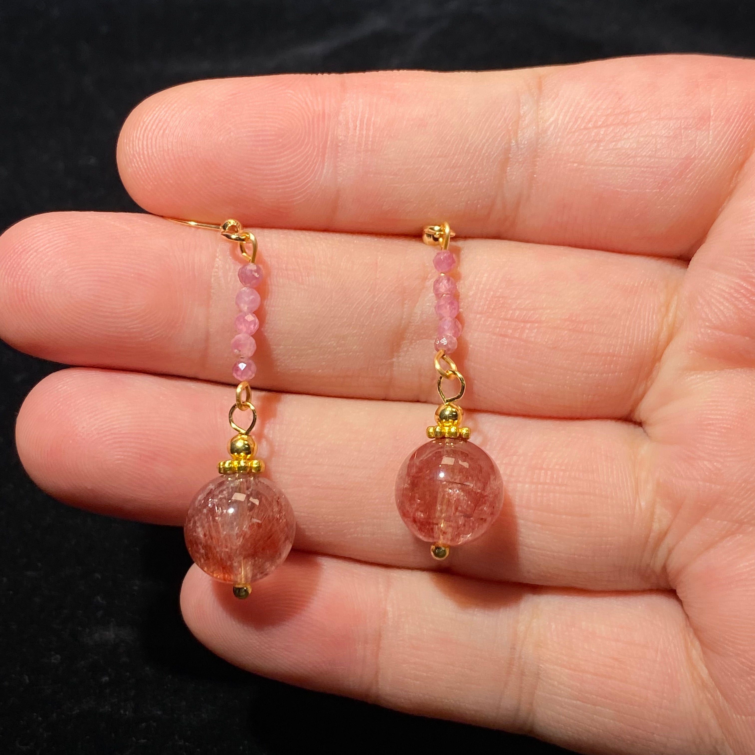 Oversize Natural Pink Strawberry Quartz Smooth Round Focal Bead Delicate Mini Pink Crystal Strand Gold Plated Fish Hook Long Dangle Earrings Heart Chakra Love Attraction Soft Sweet Romantic Pastel Pink Lightweight Crystal Drop Earrings