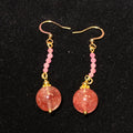 Oversize Natural Pink Strawberry Quartz Smooth Round Focal Bead Delicate Mini Pink Crystal Strand Gold Plated Fish Hook Long Dangle Earrings Heart Chakra Love Attraction Soft Sweet Romantic Pastel Pink Lightweight Crystal Drop Earrings