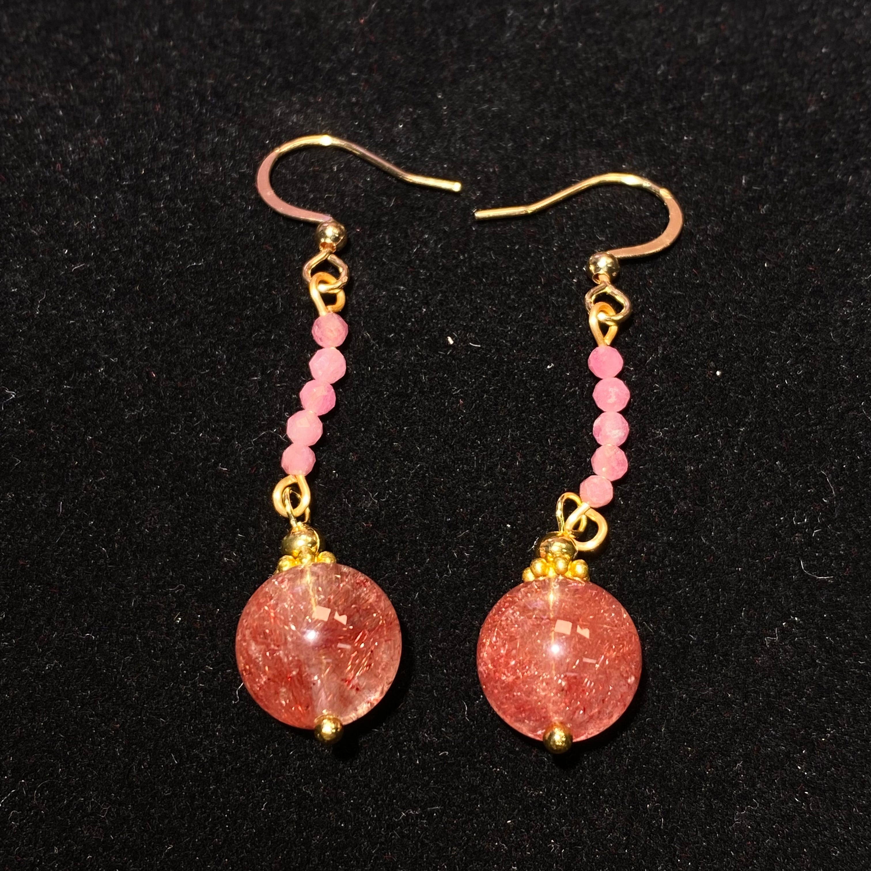 Oversize Natural Pink Strawberry Quartz Smooth Round Focal Bead Delicate Mini Pink Crystal Strand Gold Plated Fish Hook Long Dangle Earrings Heart Chakra Love Attraction Soft Sweet Romantic Pastel Pink Lightweight Crystal Drop Earrings