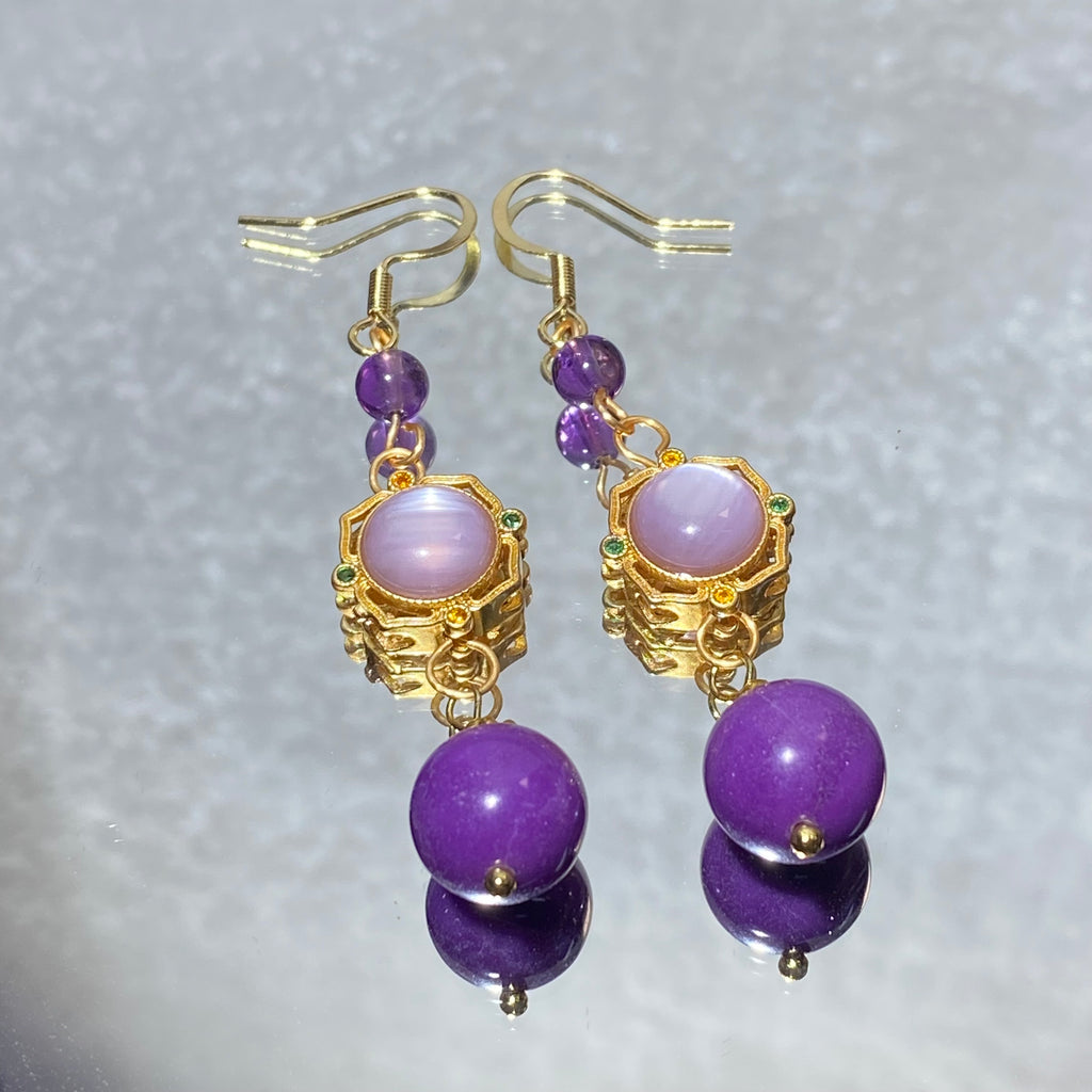 Three-Tier Filigree Sugilite & Moonstone Long Drop Earrings | Crown Third Eye Chakra Vintage Gold Dangles for Emotional Balance & Intuition