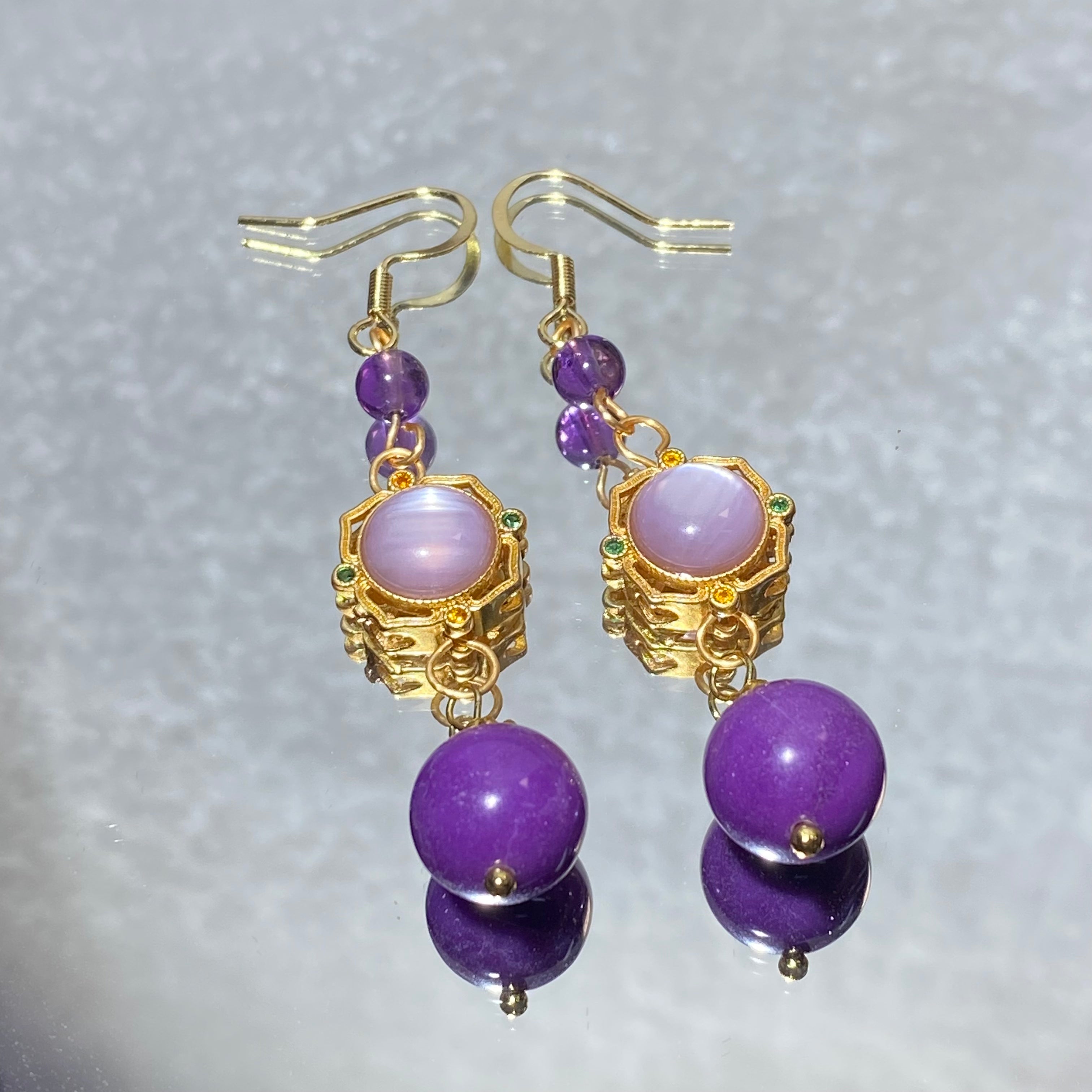 Three-Tier Filigree Sugilite & Moonstone Long Drop Earrings | Crown Third Eye Chakra Vintage Gold Dangles for Emotional Balance & Intuition