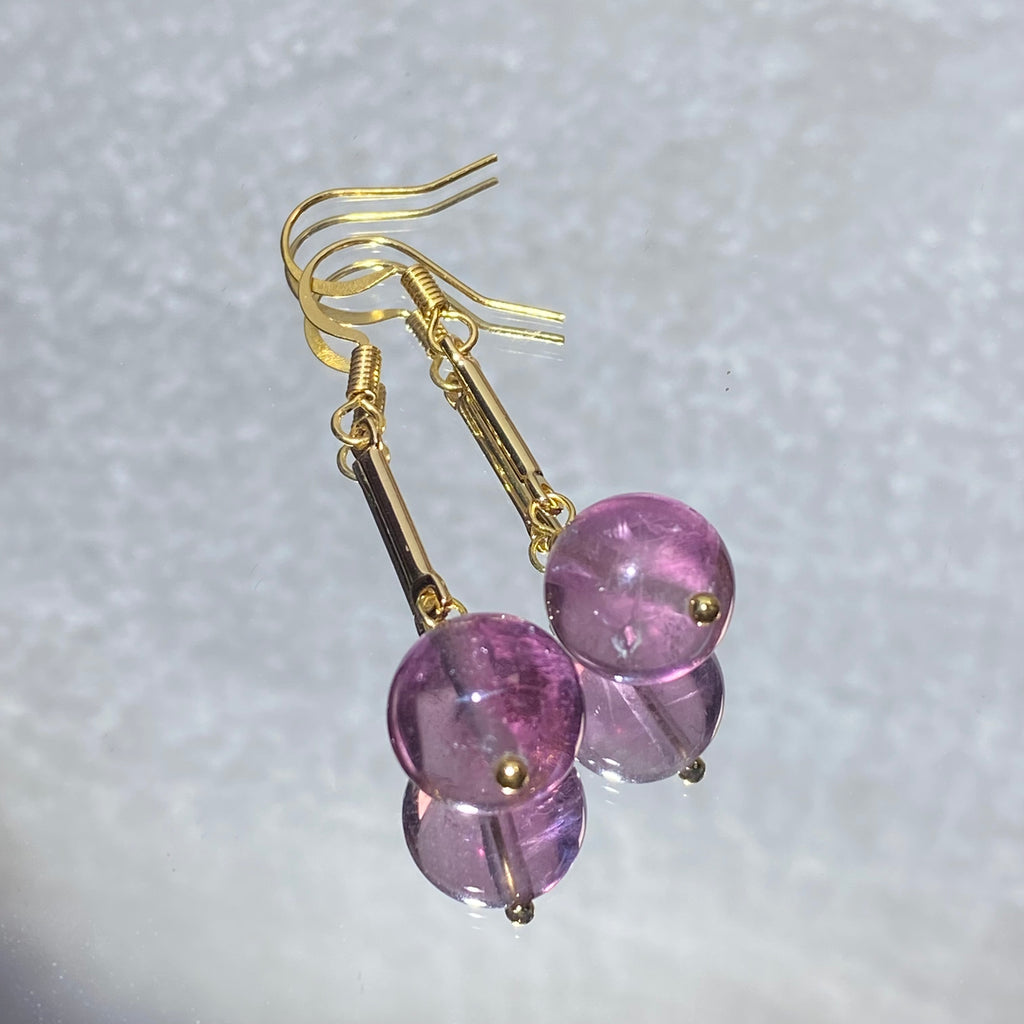 Natural Transparent Amethyst Slim Gold Bar Long Drop Earrings | Crown Chakra Calming Crystal Minimalist Face-Lifting Dangles for Anxiety Relief