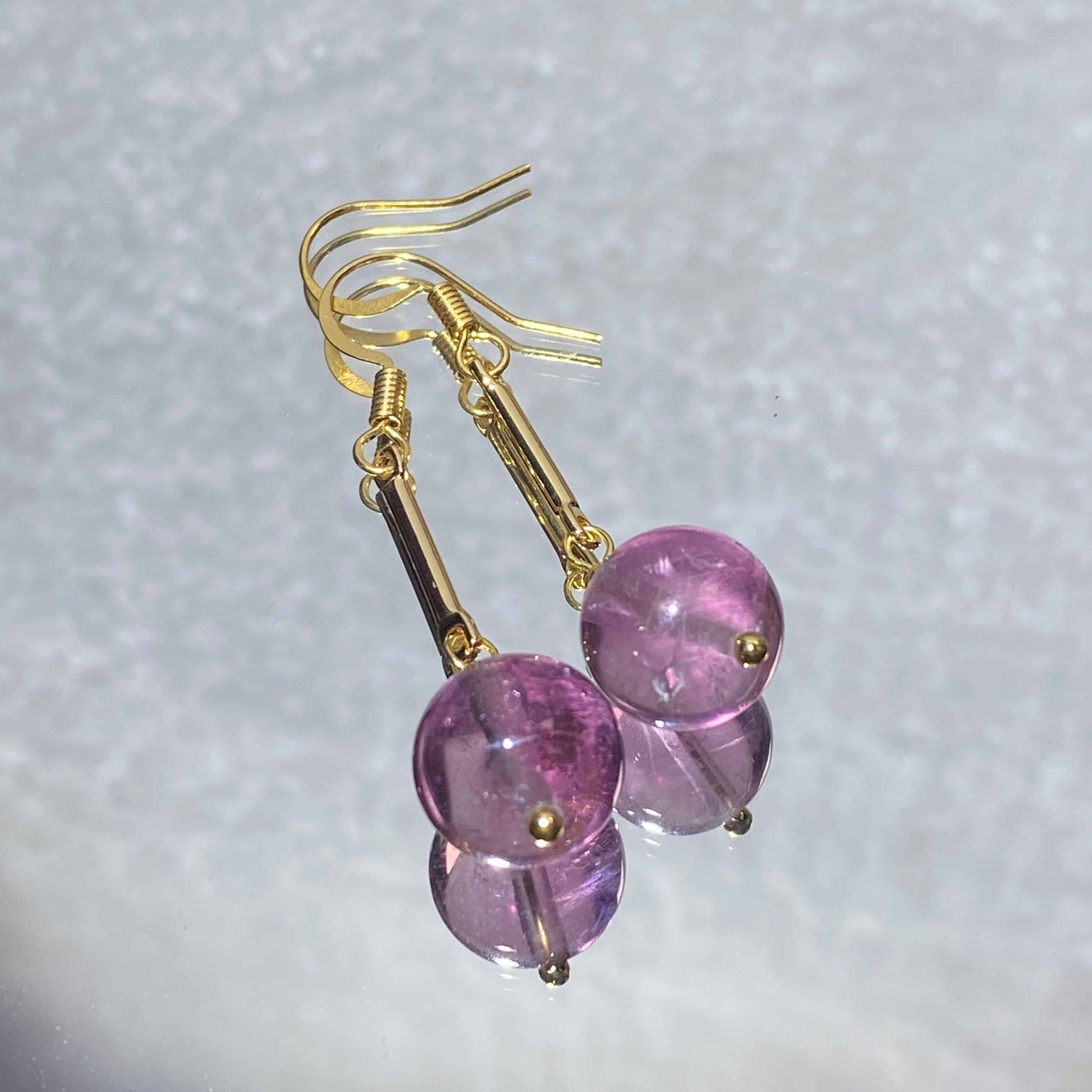 Natural Transparent Amethyst Slim Gold Bar Long Drop Earrings | Crown Chakra Calming Crystal Minimalist Face-Lifting Dangles for Anxiety Relief