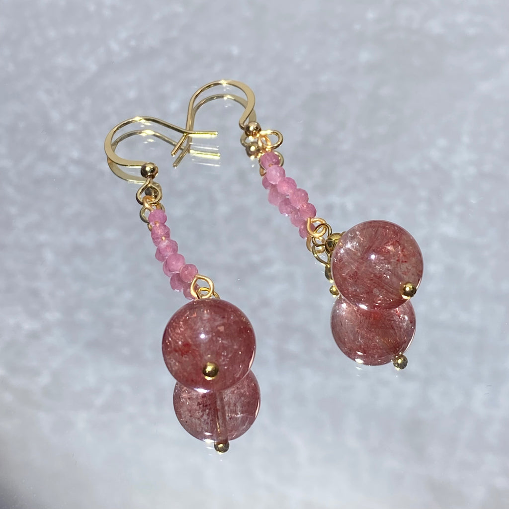 Oversize Natural Pink Strawberry Quartz Smooth Round Focal Bead Delicate Mini Pink Crystal Strand Gold Plated Fish Hook Long Dangle Earrings Heart Chakra Love Attraction Soft Sweet Romantic Pastel Pink Lightweight Crystal Drop Earrings