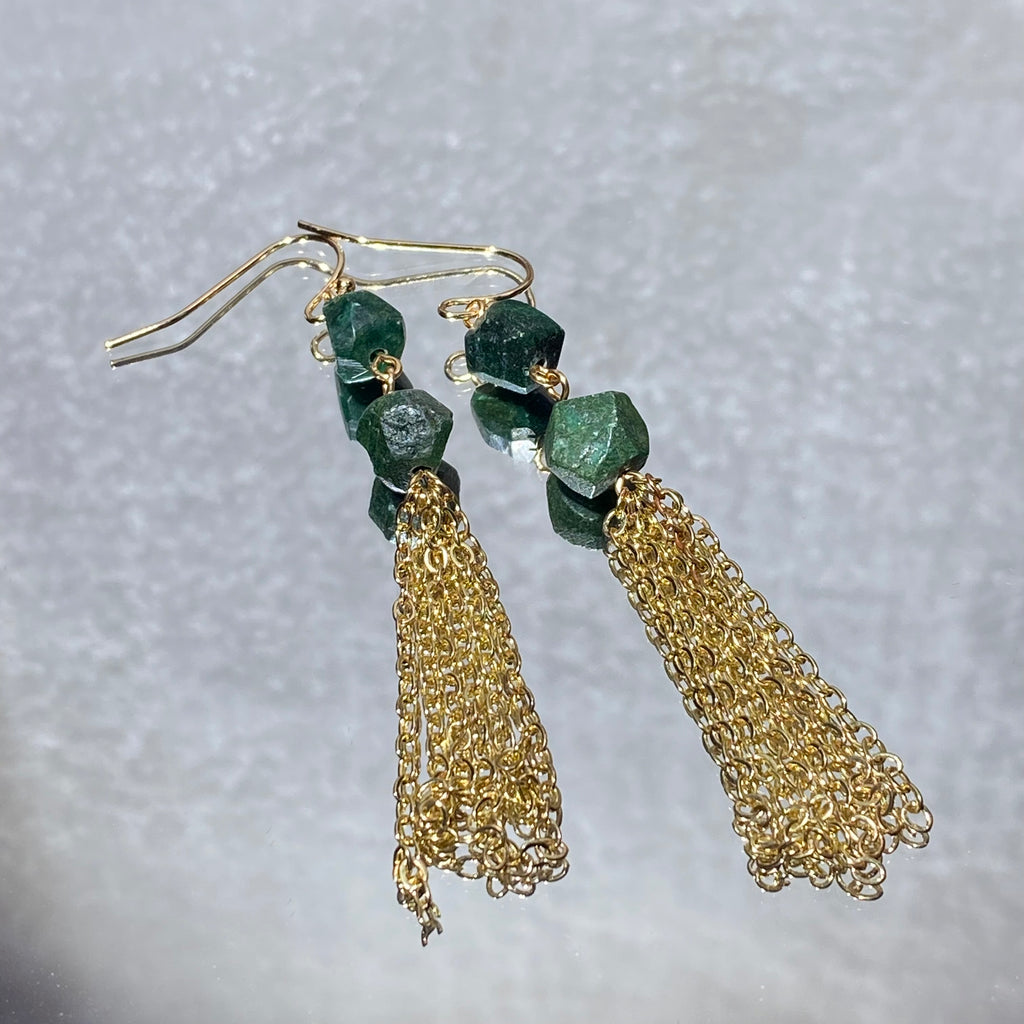 Two-Tier Faceted Green Aventurine Long Gold Tassel Drop Earrings | Heart Chakra Prosperity Crystal Bohemian Vintage Dangles for Wealth & Vitality
