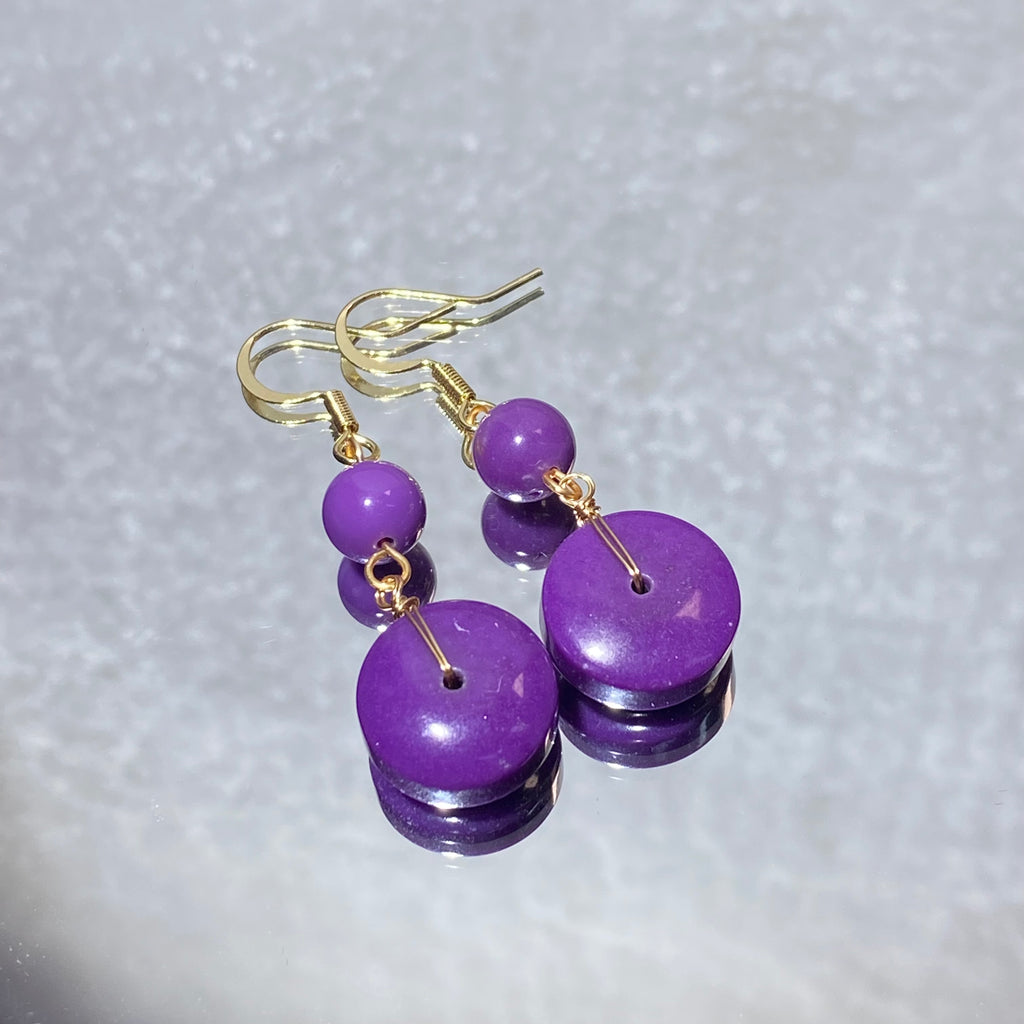 Natural Sugilite Donut Coin Two-Tier Long Drop Earrings | Crown Chakra Emotional Balance Minimalist Gold Dangles for Intuition & Inner Peace