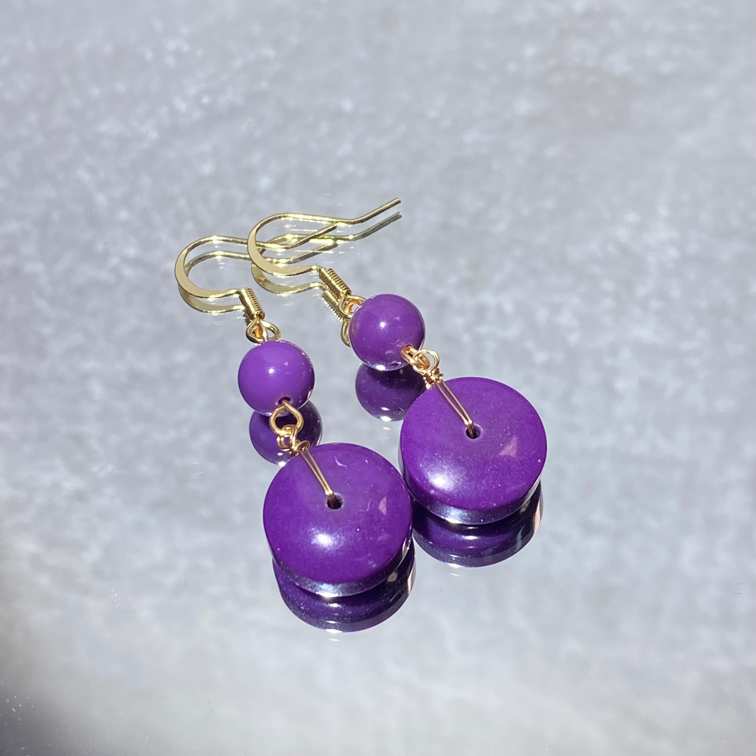 Natural Sugilite Donut Coin Two-Tier Long Drop Earrings | Crown Chakra Emotional Balance Minimalist Gold Dangles for Intuition & Inner Peace