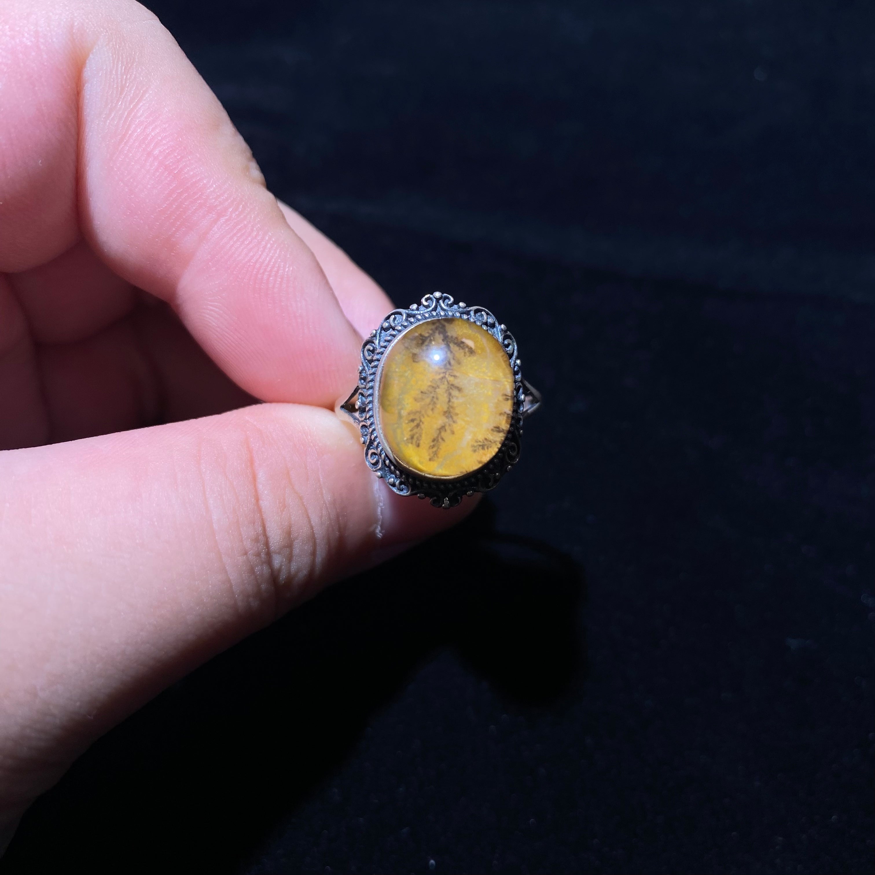 Natural Tree Rutile Flower Quartz Oval Cabochon Vintage Filigree Silver Ring | Solar Plexus Wealth Crystal Bohemian Statement Ring for Career Vitality & Abundance