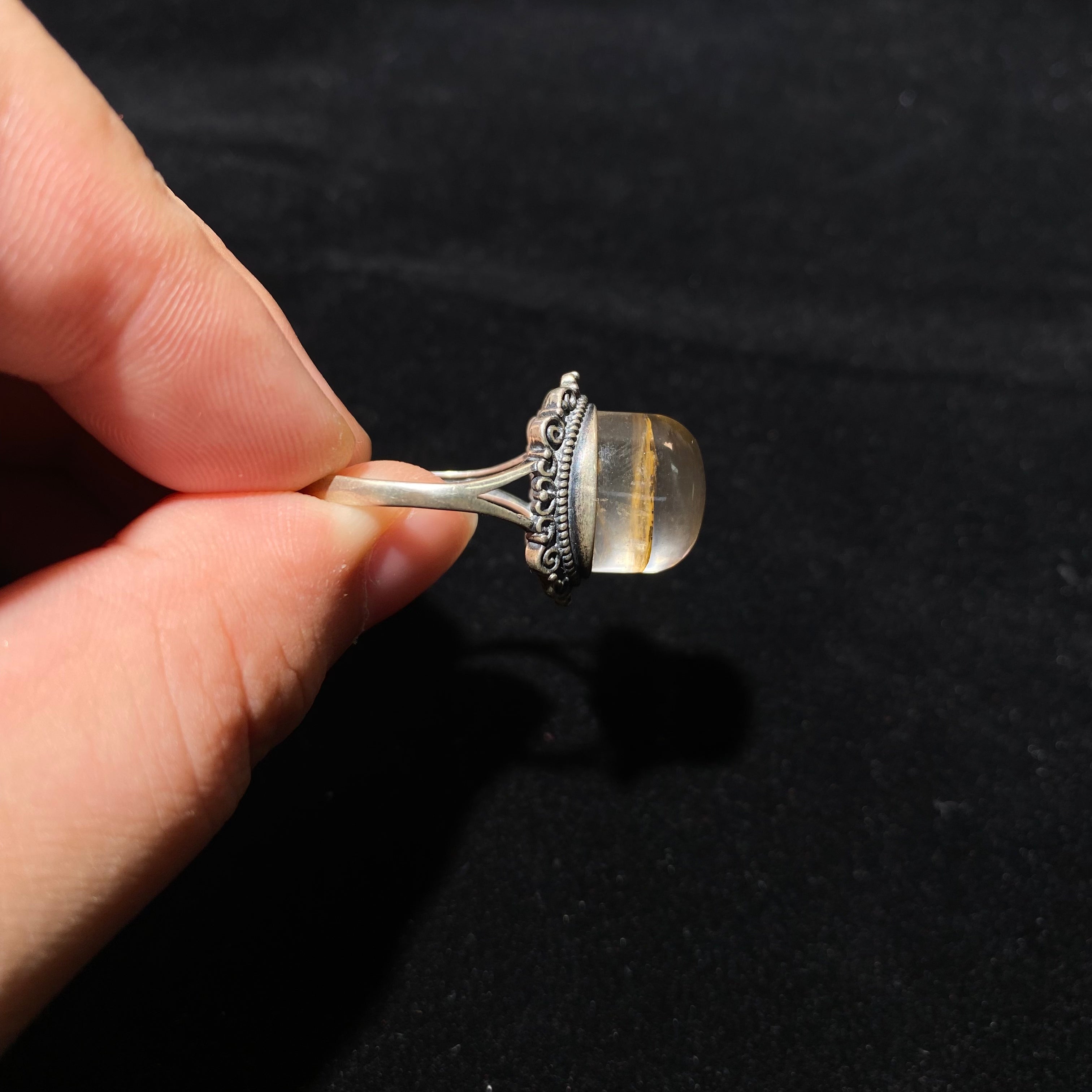 Natural Tree Rutile Flower Quartz Oval Cabochon Vintage Filigree Silver Ring | Solar Plexus Wealth Crystal Bohemian Statement Ring for Career Vitality & Abundance