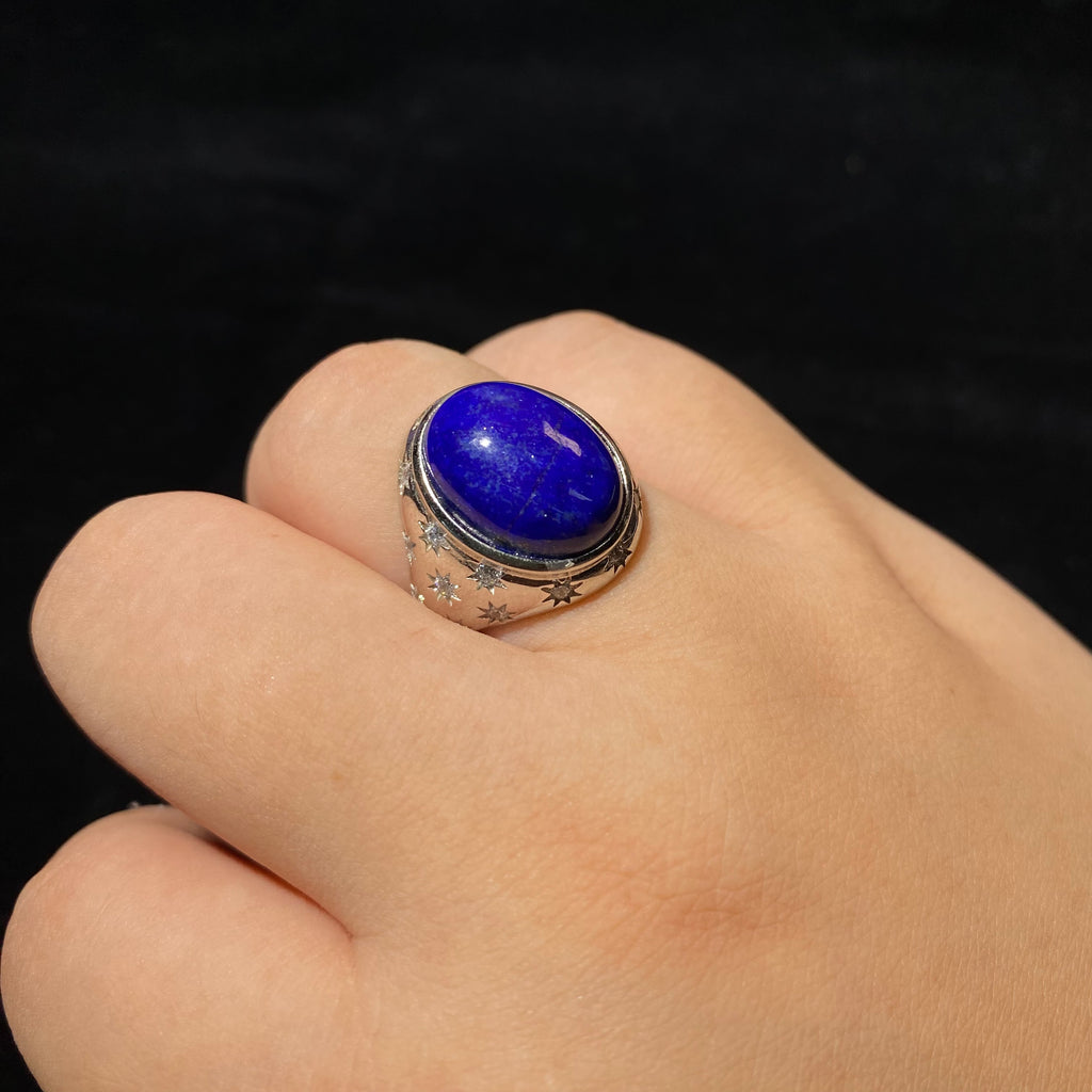 Natural Lapis Lazuli Large Oval Cabochon Vintage Carved Antiqued Silver Ring | Third Eye Throat Chakra Wisdom Crystal Bohemian Noble Statement Ring for Clarity & Truth
