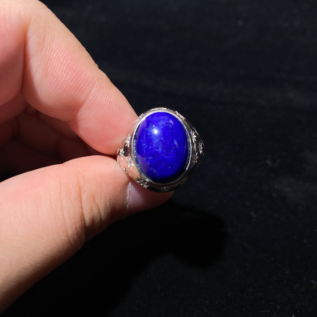 Natural Lapis Lazuli Large Oval Cabochon Vintage Carved Antiqued Silver Ring | Third Eye Throat Chakra Wisdom Crystal Bohemian Noble Statement Ring for Clarity & Truth
