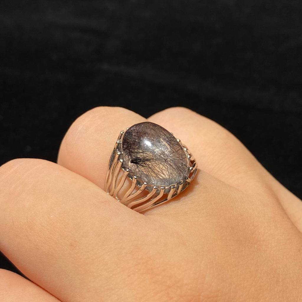Natural Black Rutile Quartz Oval Cabochon Hollow Radiating Filigree Silver Ring | Root Chakra Grounding Crystal Minimalist Boho Statement Ring for Stability & Protection