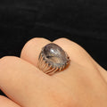 Natural Black Rutile Quartz Oval Cabochon Hollow Radiating Filigree Silver Ring | Root Chakra Grounding Crystal Minimalist Boho Statement Ring for Stability & Protection