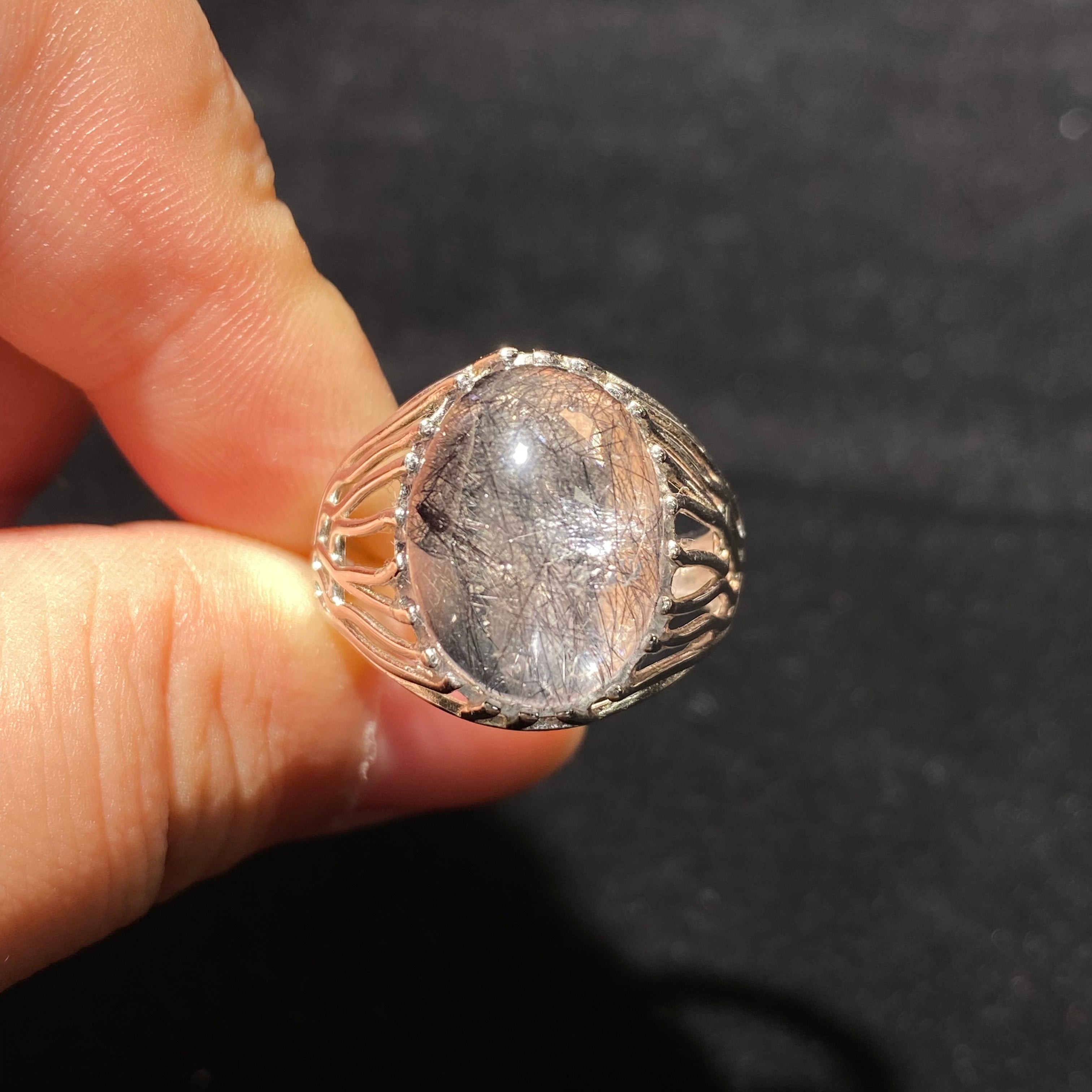 Natural Black Rutile Quartz Oval Cabochon Hollow Radiating Filigree Silver Ring | Root Chakra Grounding Crystal Minimalist Boho Statement Ring for Stability & Protection