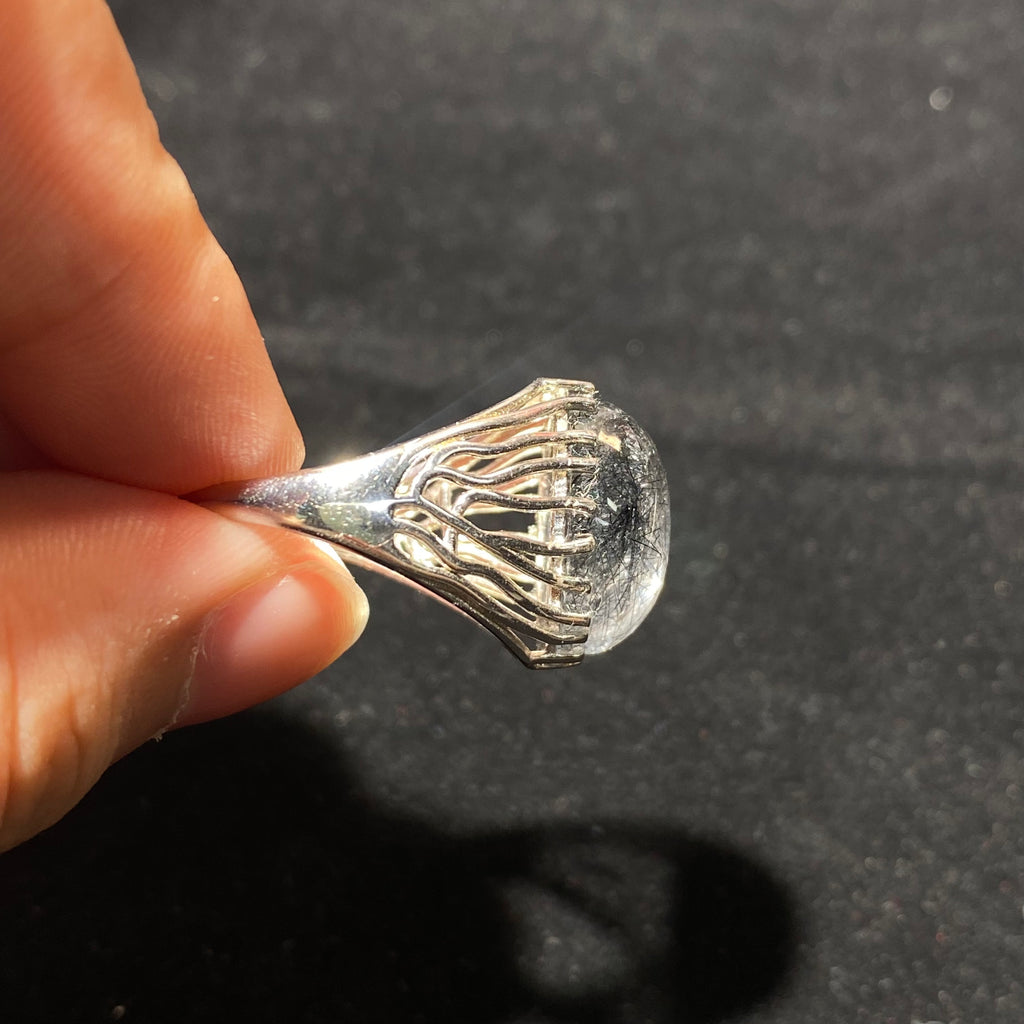 Natural Black Rutile Quartz Oval Cabochon Hollow Radiating Filigree Silver Ring | Root Chakra Grounding Crystal Minimalist Boho Statement Ring for Stability & Protection