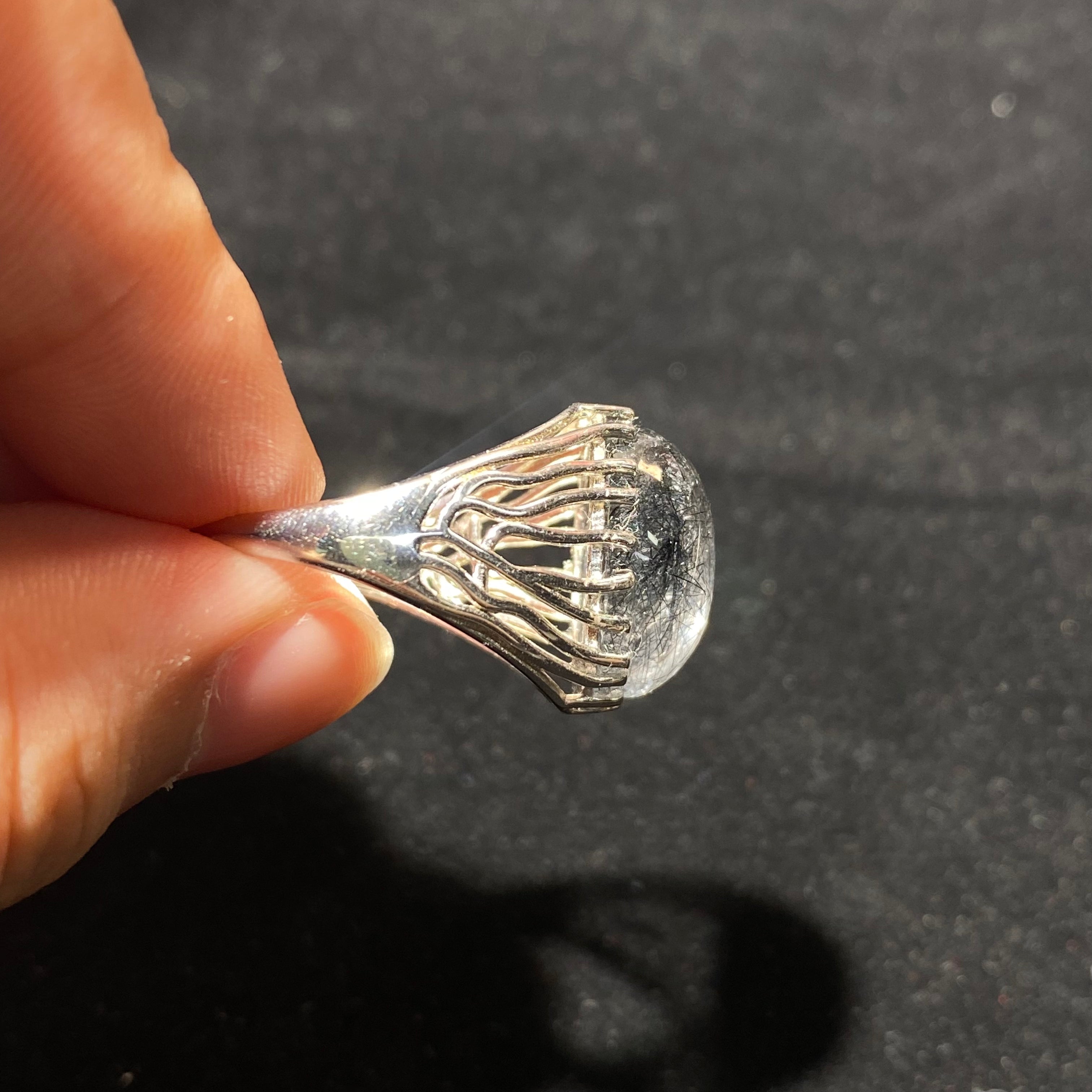 Natural Black Rutile Quartz Oval Cabochon Hollow Radiating Filigree Silver Ring | Root Chakra Grounding Crystal Minimalist Boho Statement Ring for Stability & Protection
