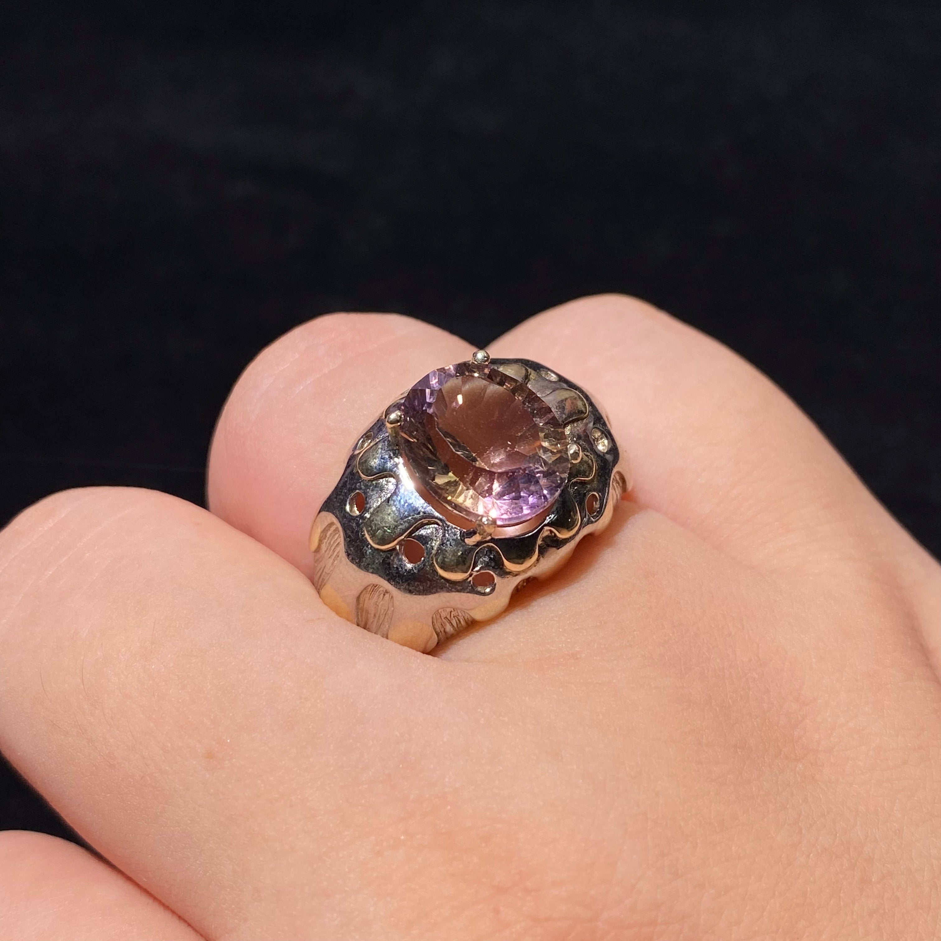 Natural Ametrine Oval Cabochon Wavy Texture Handmade Silver Statement Ring | Crown Solar Plexus Dual Chakra Crystal Artisan Boho Ring for Balance & Clarity