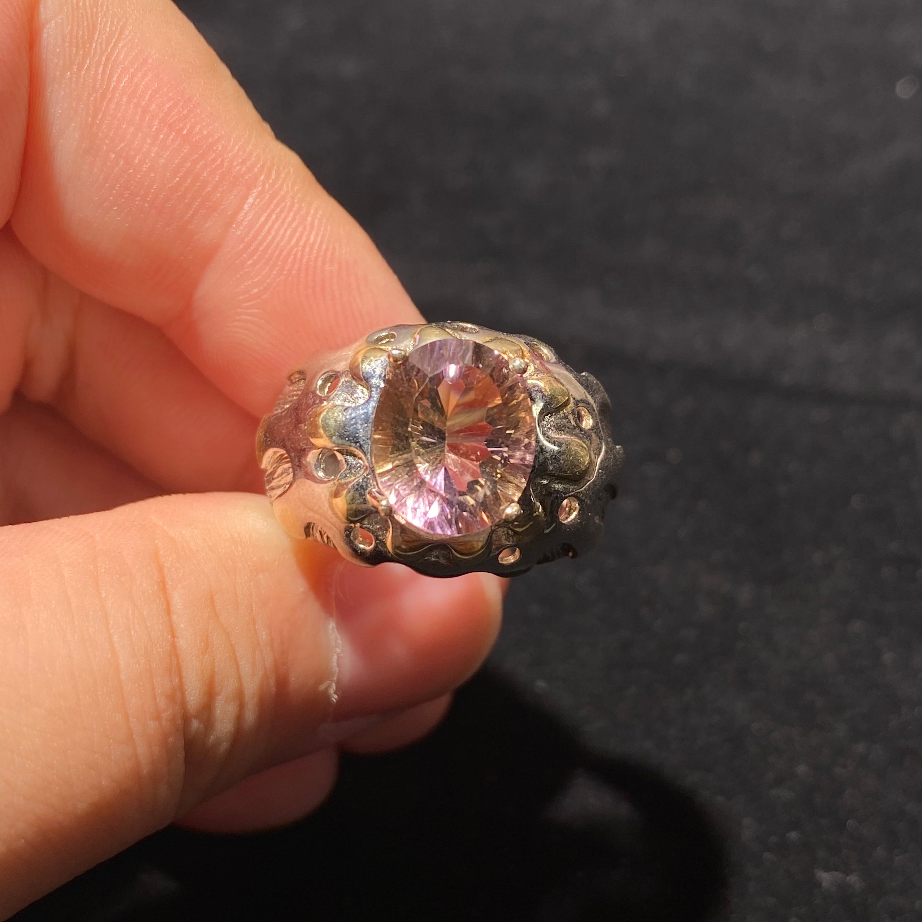 Natural Ametrine Oval Cabochon Wavy Texture Handmade Silver Statement Ring | Crown Solar Plexus Dual Chakra Crystal Artisan Boho Ring for Balance & Clarity